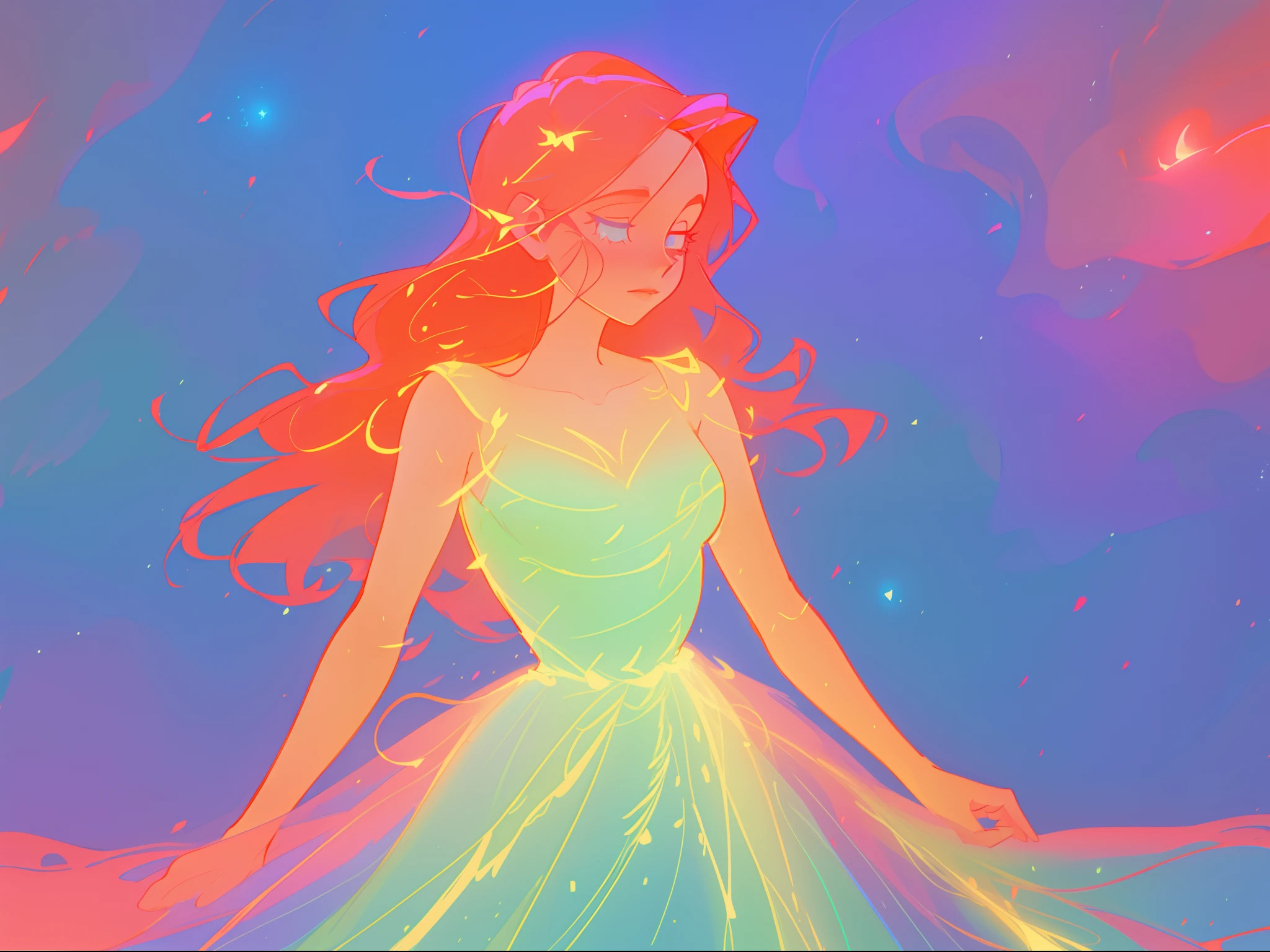 there is a girl in a dress that is standing in the snow, inspired by Glen Keane, inspired by Lois van Baarle, disney art style, by Lois van Baarle, glowing aura around her, by Glen Keane, jen bartel, glowing lights! digital painting, flowing glowing hair, glowing flowing hair, beautiful digital illustration