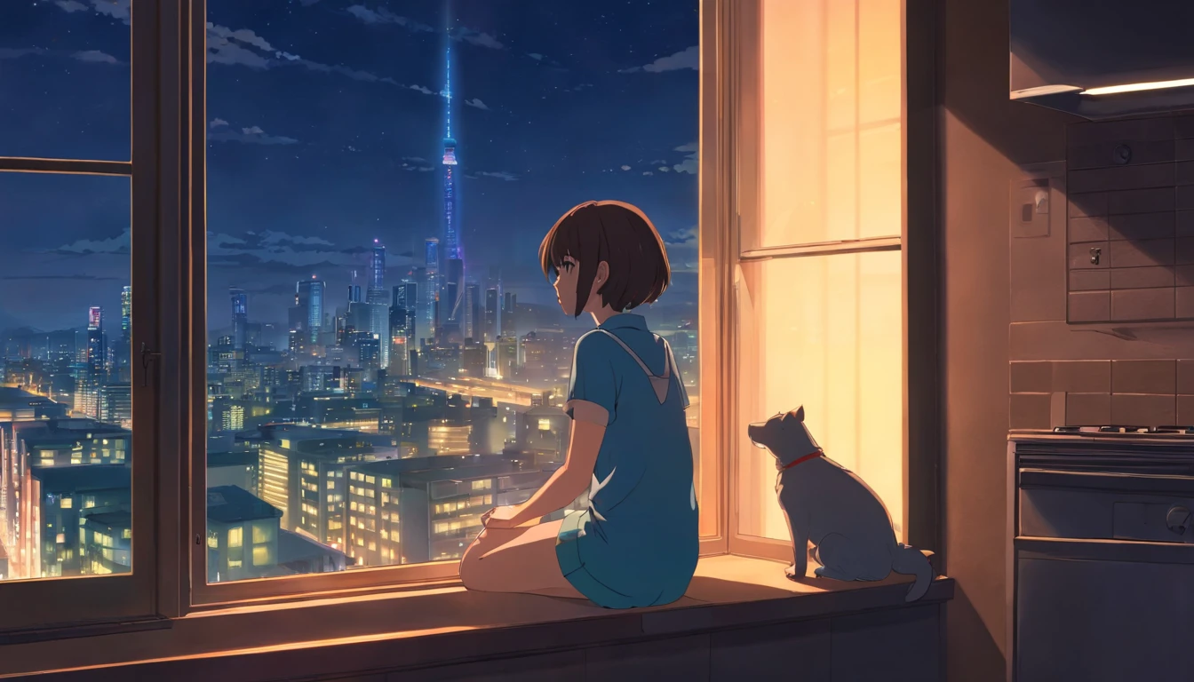 big size girl alone sit by window, dark room, night