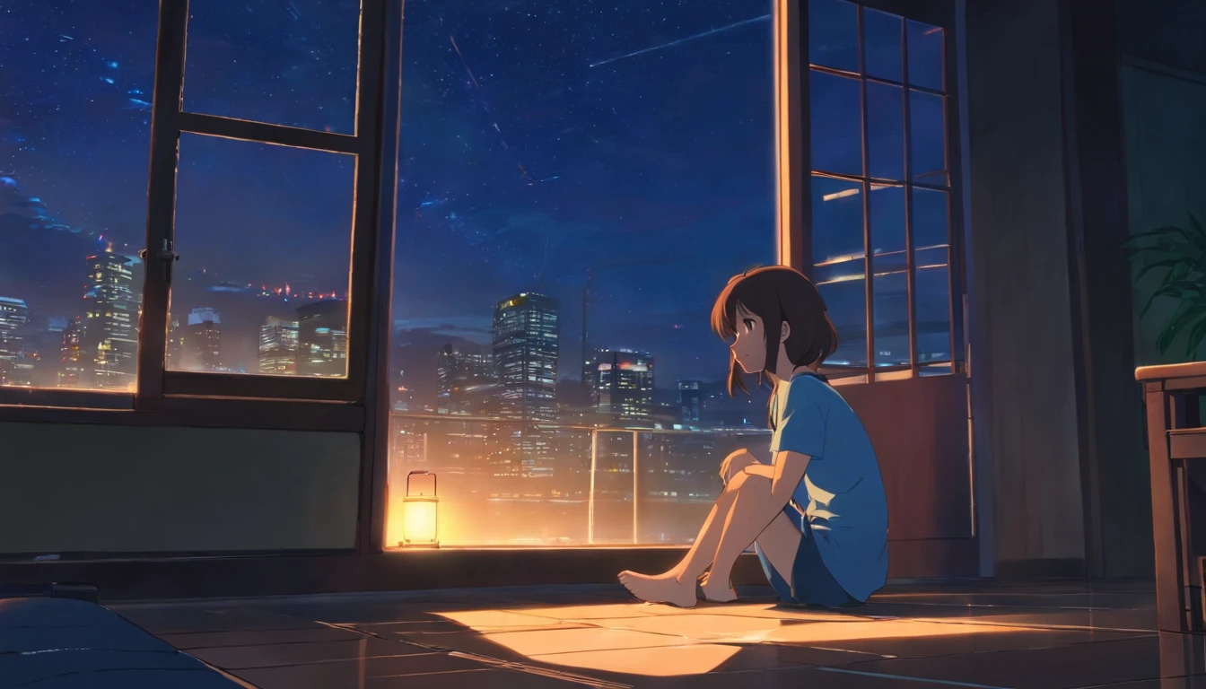 big girl alone sit by window, dark room, night