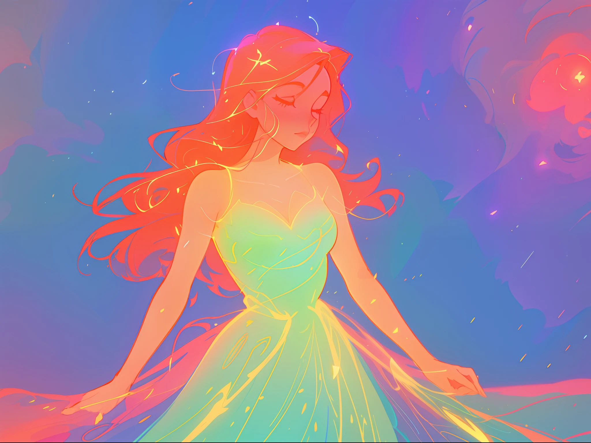 there is a girl in a dress that is standing in the snow, inspired by Glen Keane, inspired by Lois van Baarle, disney art style, by Lois van Baarle, glowing aura around her, by Glen Keane, jen bartel, glowing lights! digital painting, flowing glowing hair, glowing flowing hair, beautiful digital illustration
