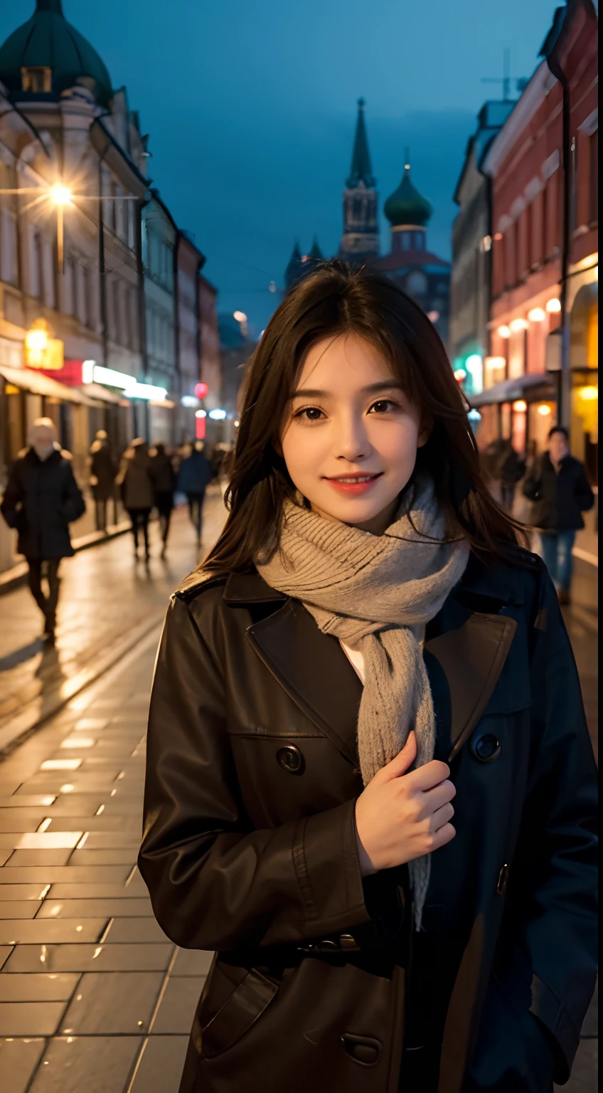 masterpiece, realistic, 8k, ultra HD, a street center photo shows an adorable, 27-year-old. In this photo, it is apparent that she has sharp eyes and a pointed nose, but she has a cute smile. Her breasts are big sized. Maximize it enhanced her breast contour. Sexy but still in the normal stage. The photo was taken at a street center in Russia with good lighting that creates a cinematic atmosphere for the image. She is also seen wearing an adorable scarf.