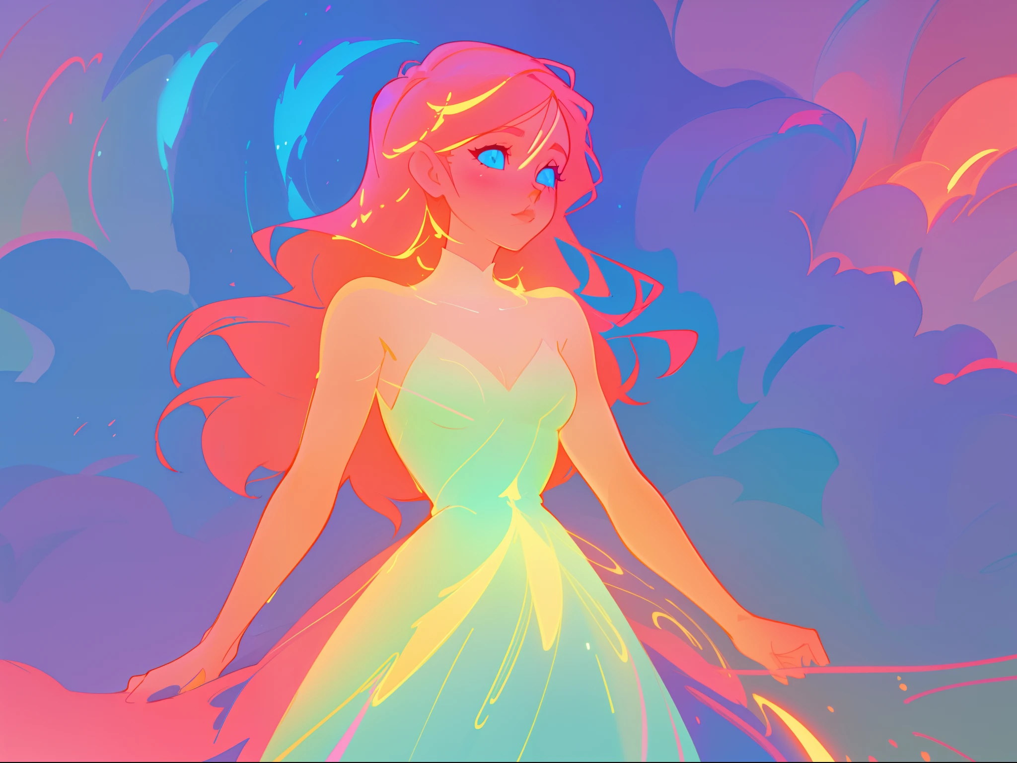 there is a girl in a dress that is standing in the snow, inspired by Glen Keane, inspired by Lois van Baarle, disney art style, by Lois van Baarle, glowing aura around her, by Glen Keane, jen bartel, glowing lights! digital painting, flowing glowing hair, glowing flowing hair, beautiful digital illustration