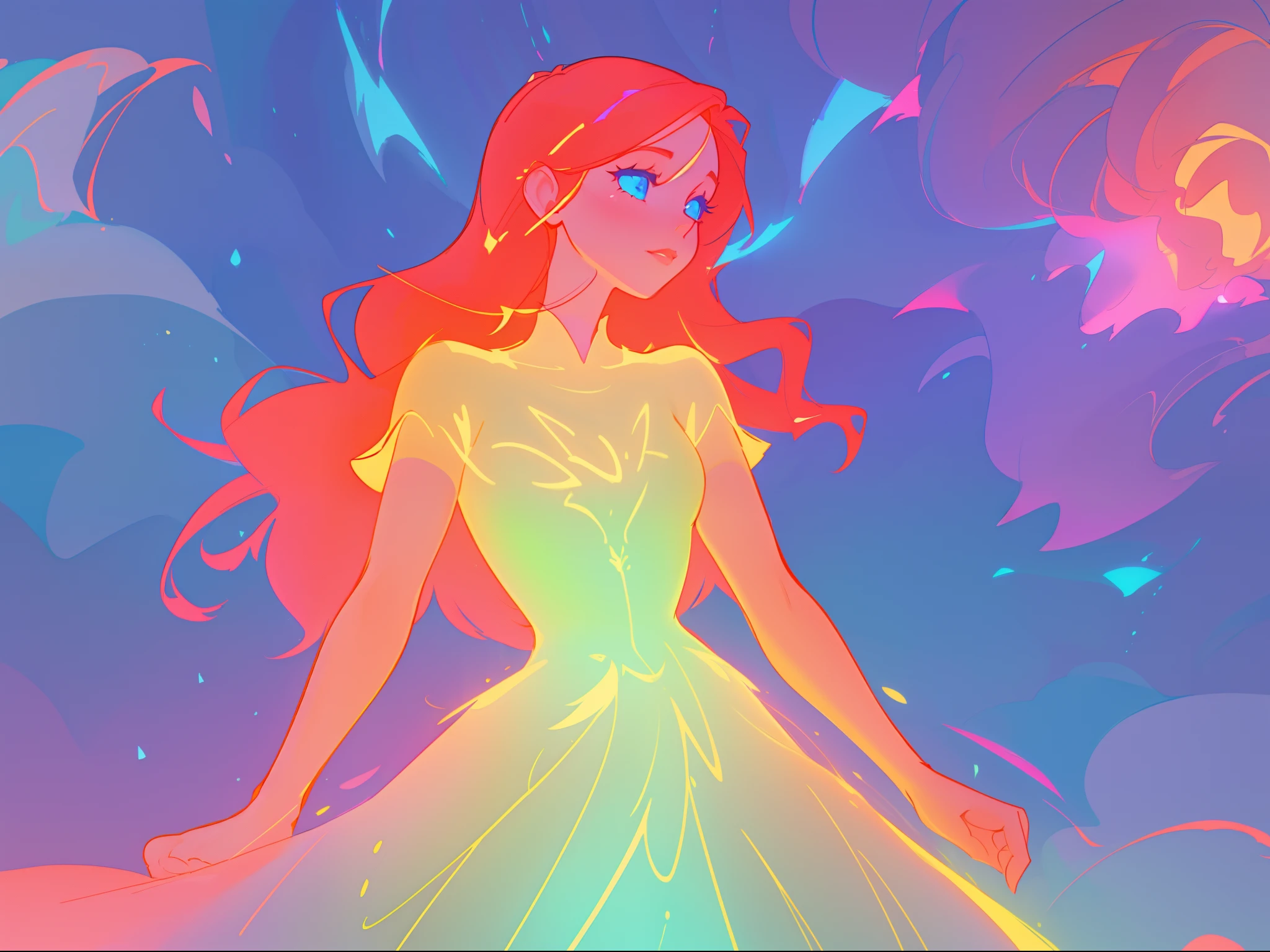 there is a girl in a dress that is standing in the snow, inspired by Glen Keane, inspired by Lois van Baarle, disney art style, by Lois van Baarle, glowing aura around her, by Glen Keane, jen bartel, glowing lights! digital painting, flowing glowing hair, glowing flowing hair, beautiful digital illustration