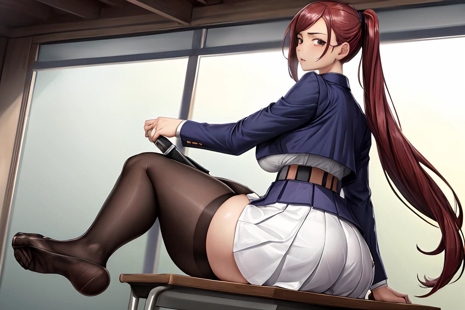 masterpiece, best quality, nobara, school uniform, skirt, white panties under skirt, feet focus, extreme back arch, big butt, defined butt, school classroom, sitting on desk, prominent butt crack, looking at viewer, without shoes, schoolgirl uniform, (students looking at her:1.3), seductive, seductive expression, white thigh high socks, non transparent socks, huge tits