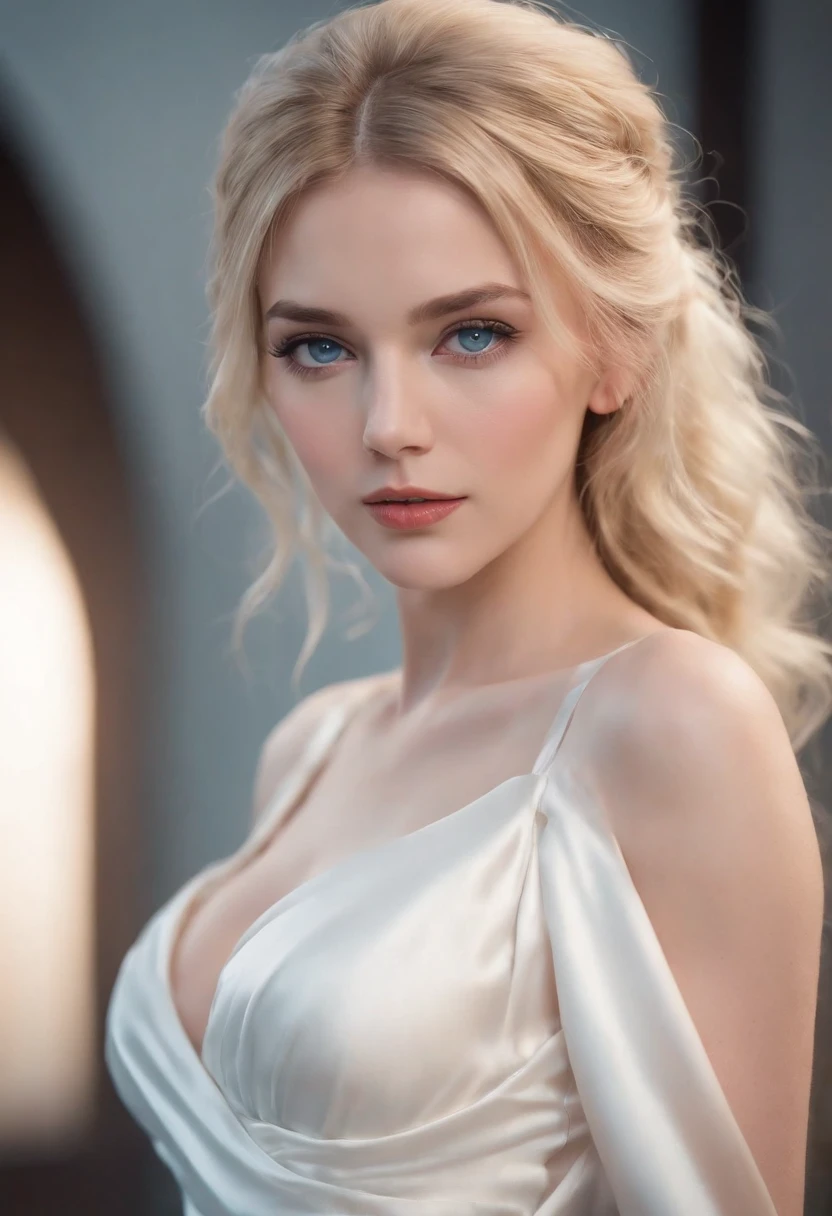 woman, Realistic character,coiffed blonde hair, White silk evening dress,Show the chest,Blue eyes, anime big breast, Alone, modern, cyber punk perssonage,fully body photo
