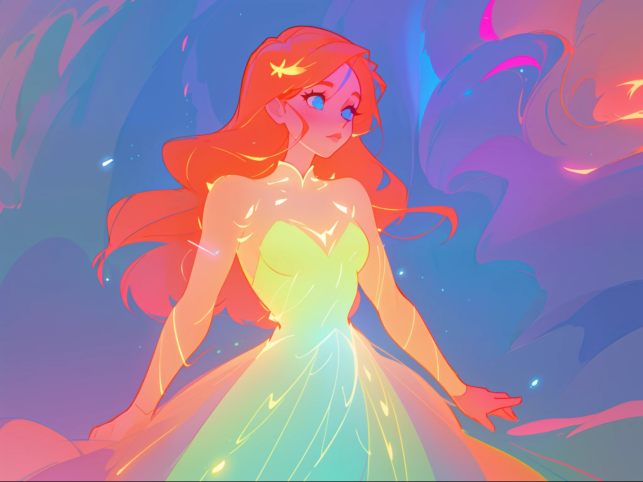 there is a girl in a dress that is standing in the snow, inspired by Glen Keane, inspired by Lois van Baarle, disney art style, by Lois van Baarle, glowing aura around her, by Glen Keane, jen bartel, glowing lights! digital painting, flowing glowing hair, glowing flowing hair, beautiful digital illustration