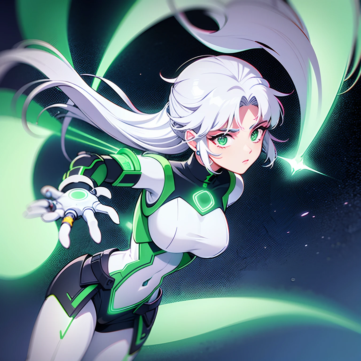 Una mujer feroz, with technological clothes and white hair. It has an alien ring and there is green illuminance behind it.