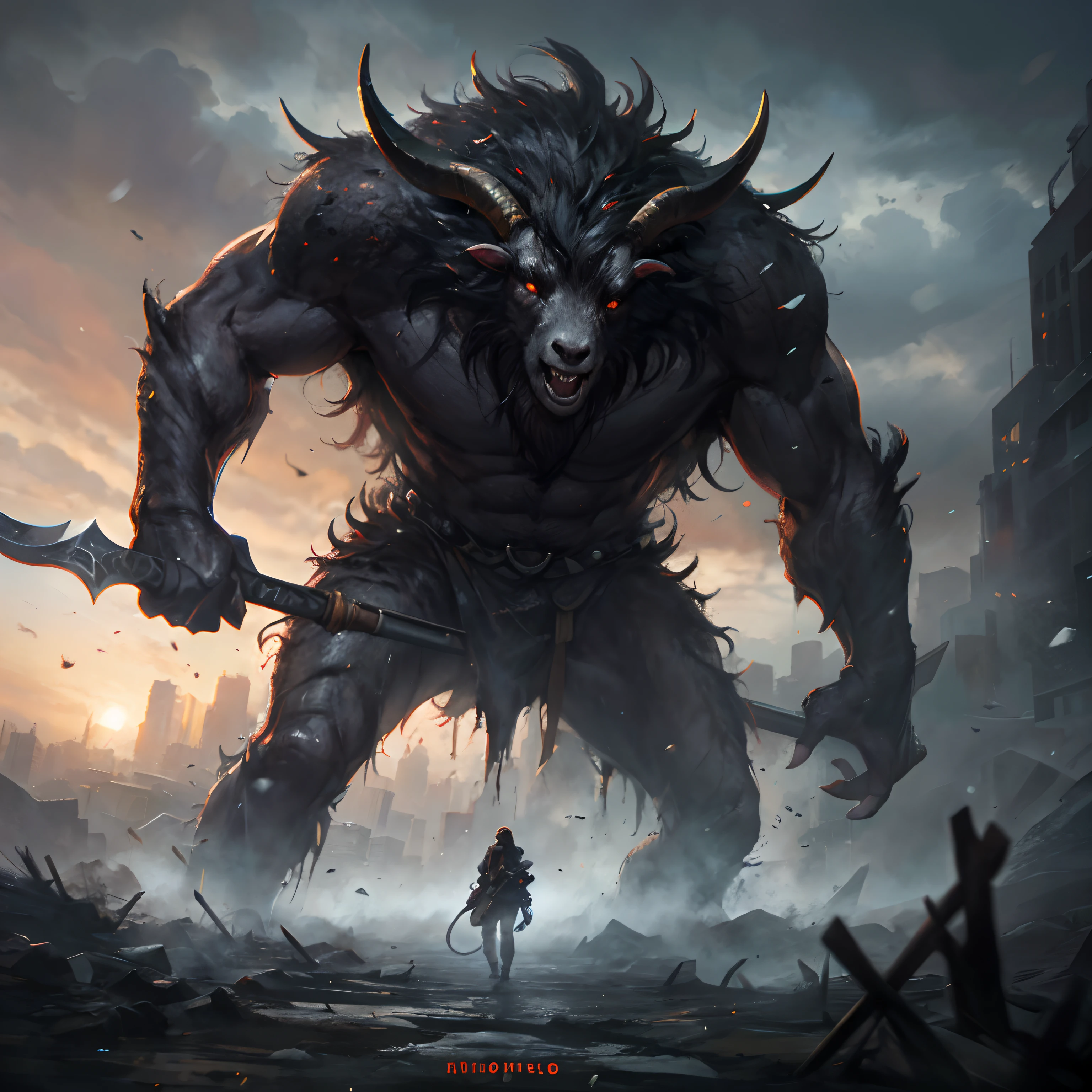 Goat-faced demon ，Wear military uniforms，Pick up the axe，red - eyed，unholy，Fierce，rampage ，Stand at the highest part of the city，Observe the city，Epic dark fantasy digital art，tmasterpiece，high qulity，8K，UHD resolution，Detailed detail drawing，realisticlying，Very realistic，Cinematic light,an award winning photograph, author：Lee Jeffries Nikon D850 Film Stock Photo 4 Kodaport 400 Camera F1.6 lens rich colors hyper realistic lifelike texture dramatic lighting unrealengine trending on artstation cinestill 800,