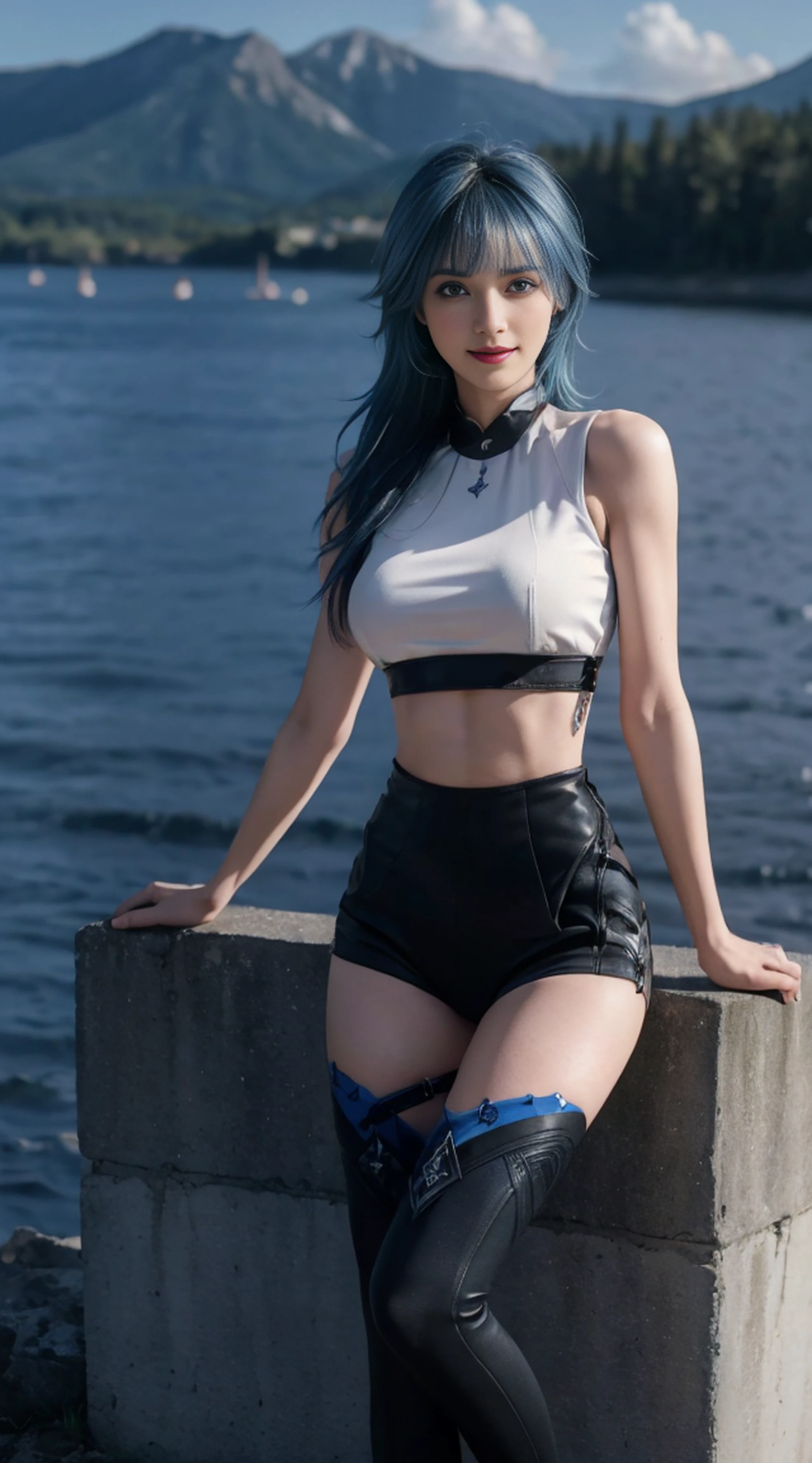 8K, Top Quality, Intricate Details, Ultra Detail, Ultra High Resolution, Masterpiece, random angle, Slender, Smile, (Makeup: 0.4), (Fluffy Blue Eyes: 1.21), blue Eyes,, ((full body)), 1girl, solo, 1 girl, (( full body)), close-up shot, standing , , ((tall)), (((fit body))), (((slim face))), sharp face, sharp eyes, (((blue hair, long hair , bangs )) ,(detailed face), sharp face, small lips, thin lips,
(( Crop top )), detailed face, detailed breast, , large breast, detail, , Beautiful girl with accentuated slender abs: 1.4, Six Pack Abs: 1.4, Bust Botox, Big, Perfect Body, detail leg, (( moonlight)), cloudy, top of mountain