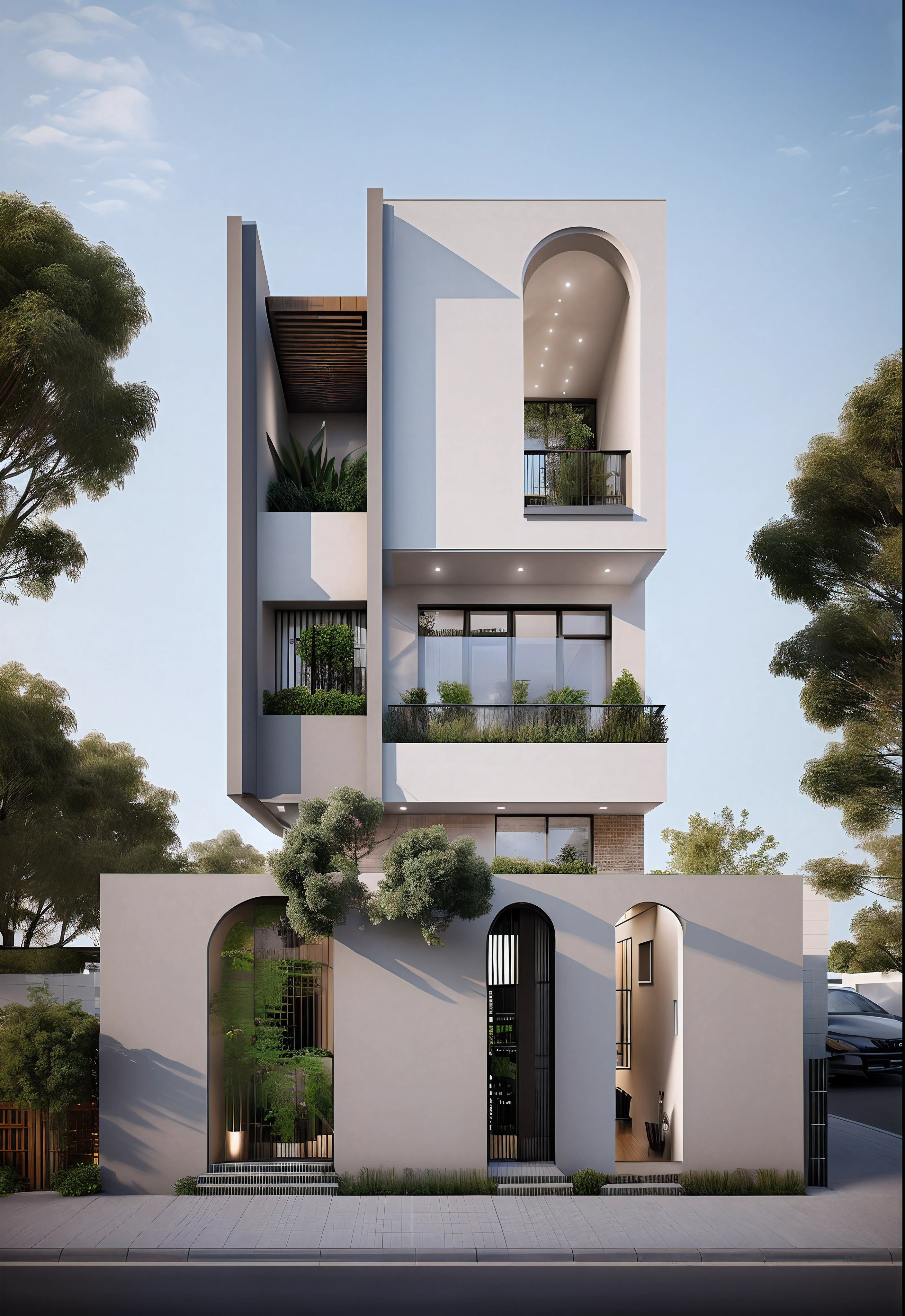 rendering of a modern residential townhouse, professional render, wide angle exterior 2023, highly detailed render, high quality rendering, realistic render, architectural render, high-quality render, detailed rendering, hyper-realistic render, hyper - realistic render, very realistic 3 d render, high render, realistic rendering, very realistic render