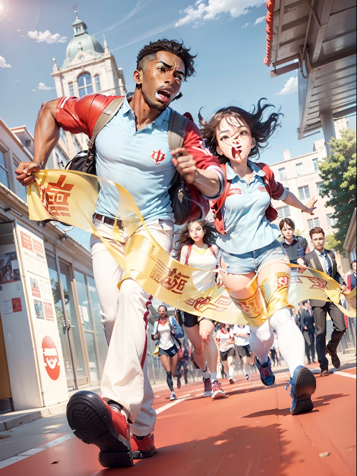 Highest quality,(Perfect face:1.1), (High detail:1.1),Prospect 2 people,6 people in the back,All the characters run on the red track,The background is the school building,Contre-Jour,Big perspective,Blue sky