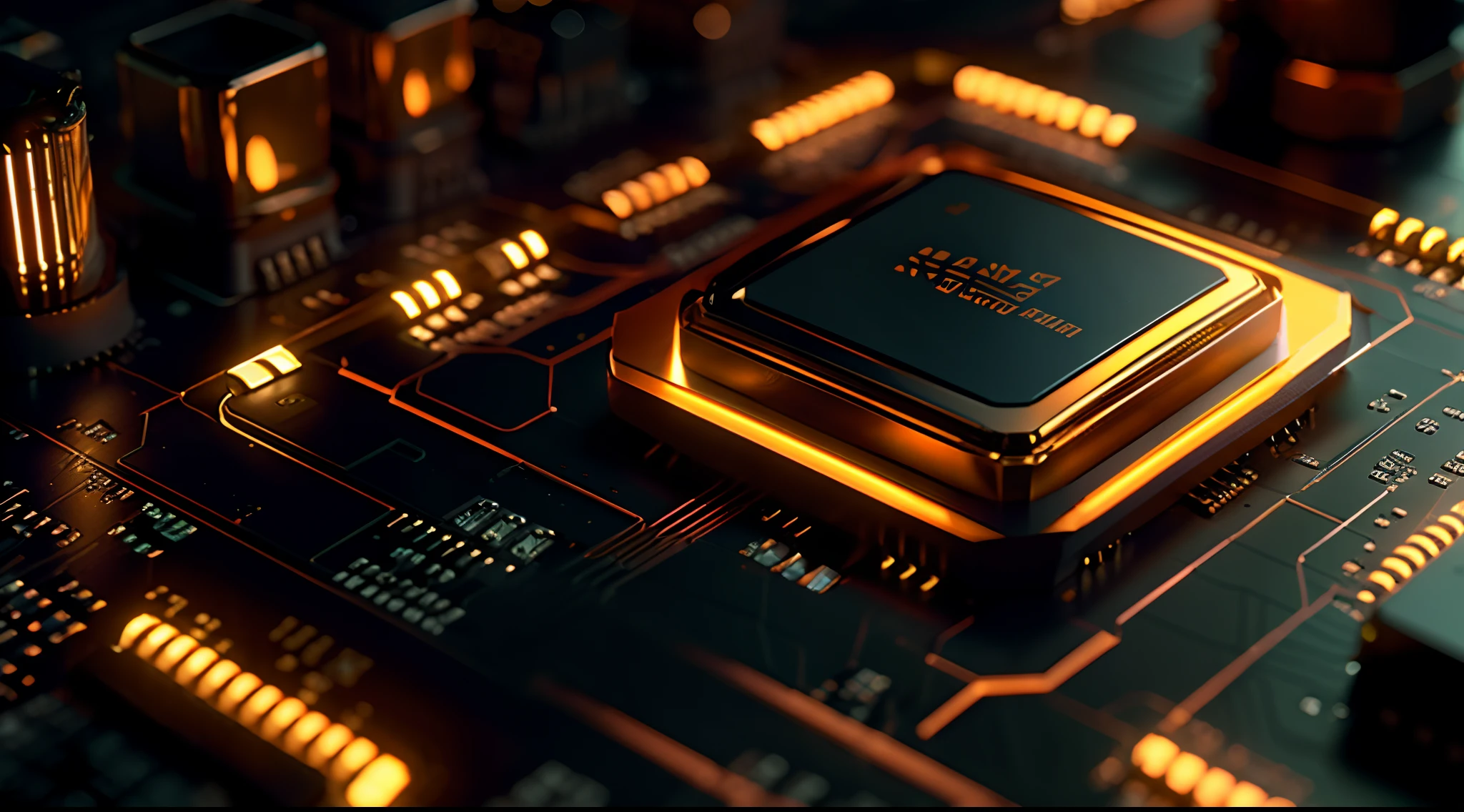 Orange tone,computer chip,product closeups,photography closeups,cinematic rendering,C4D,blender,3D,ultra-high definition texture details,resistors,Special Effects,(Luminous line converging towards the middle:1.2),Container_building