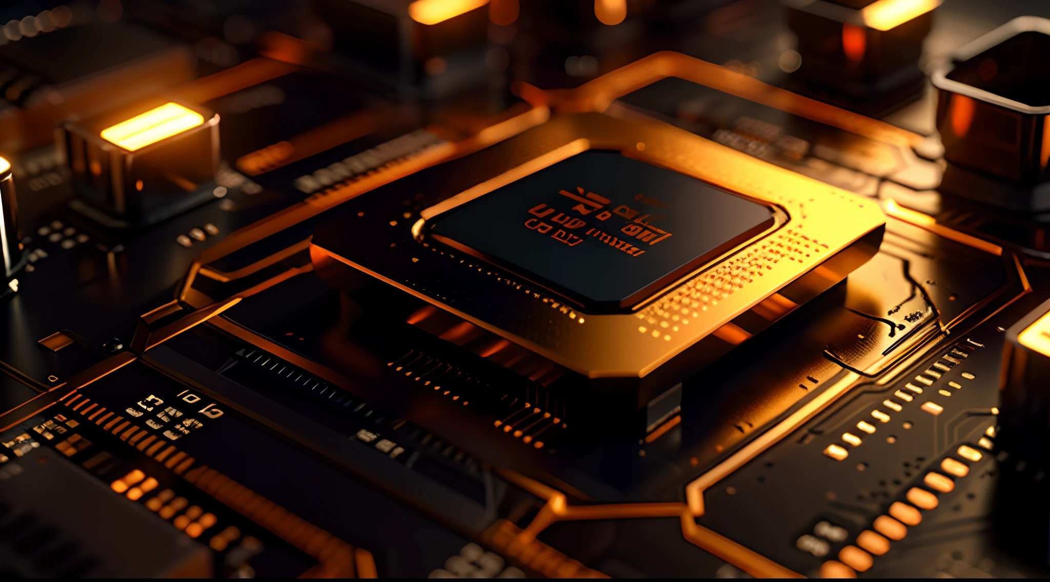 Orange tone,computer chip,product closeups,photography closeups,cinematic rendering,C4D,blender,3D,ultra-high definition texture details,resistors,Special Effects,(Luminous line converging towards the middle:1.2),Container_building