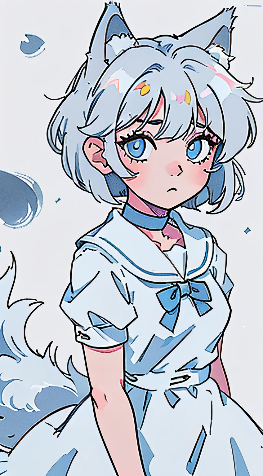 wolf girl, ((wolf tail, wolf ears)), hair tap ears human, (hair clip), ((((short hair)))), long eyeslashes, eyeliner, small breasts, choker, collar, blond haired girl with blue eyes and a silver white hair wig, in manga style, full body, old dress, colored sketch anime manga panel, loli, with a melancholic expression, a manga drawing, sad expression, pretty anime face, semirealistic anime style, cute anime face, colored manga panel, manga art style, in an anime style, close up of a young anime girl, manga drawing.