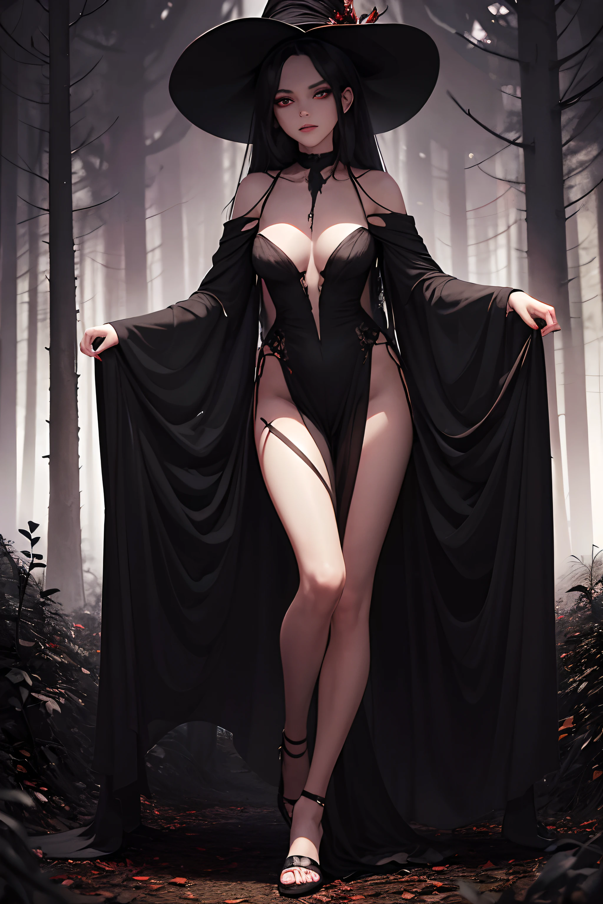 a beautiful woman in a dark forest, she's a witch, 25 years old, skinny but attractive, half naked, a luring gaze, dark, she is creepy, she is scary, full body, evil eyes, eyes glowing, she is up to no good, (she is wearing a very dirty old torn_red_dress), fall weather, dusk