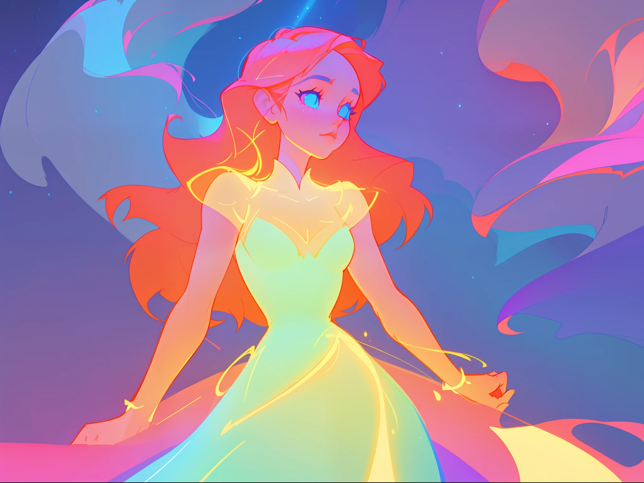 there is a girl in a dress that is standing in the snow, inspired by Glen Keane, inspired by Lois van Baarle, disney art style, by Lois van Baarle, glowing aura around her, by Glen Keane, jen bartel, glowing lights! digital painting, flowing glowing hair, glowing flowing hair, beautiful digital illustration