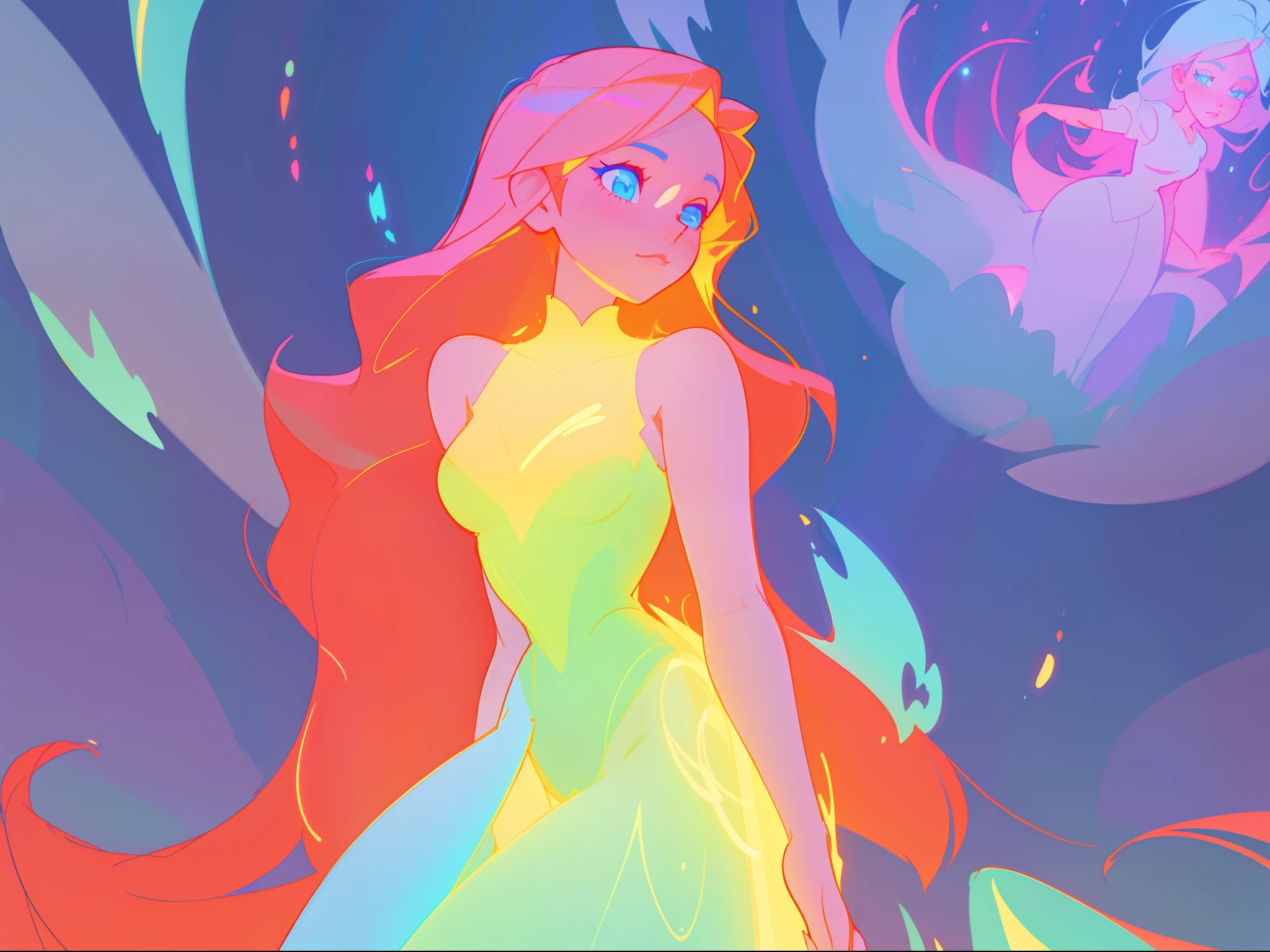 there is a girl in a dress that is standing in the snow, inspired by Glen Keane, inspired by Lois van Baarle, disney art style, by Lois van Baarle, glowing aura around her, by Glen Keane, jen bartel, glowing lights! digital painting, flowing glowing hair, glowing flowing hair, beautiful digital illustration