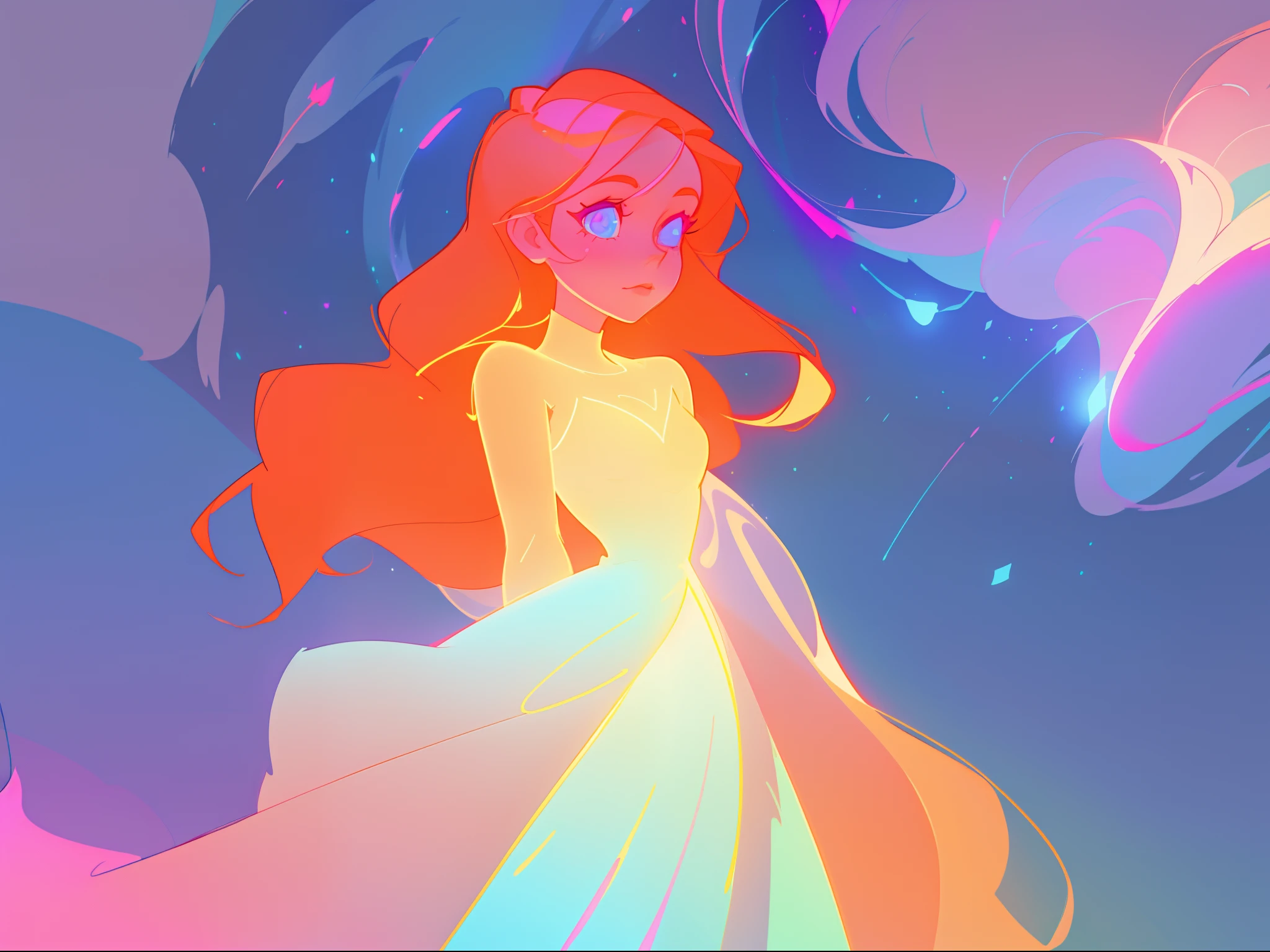 there is a girl in a dress that is standing in the snow, inspired by Glen Keane, inspired by Lois van Baarle, disney art style, by Lois van Baarle, glowing aura around her, by Glen Keane, jen bartel, glowing lights! digital painting, flowing glowing hair, glowing flowing hair, beautiful digital illustration