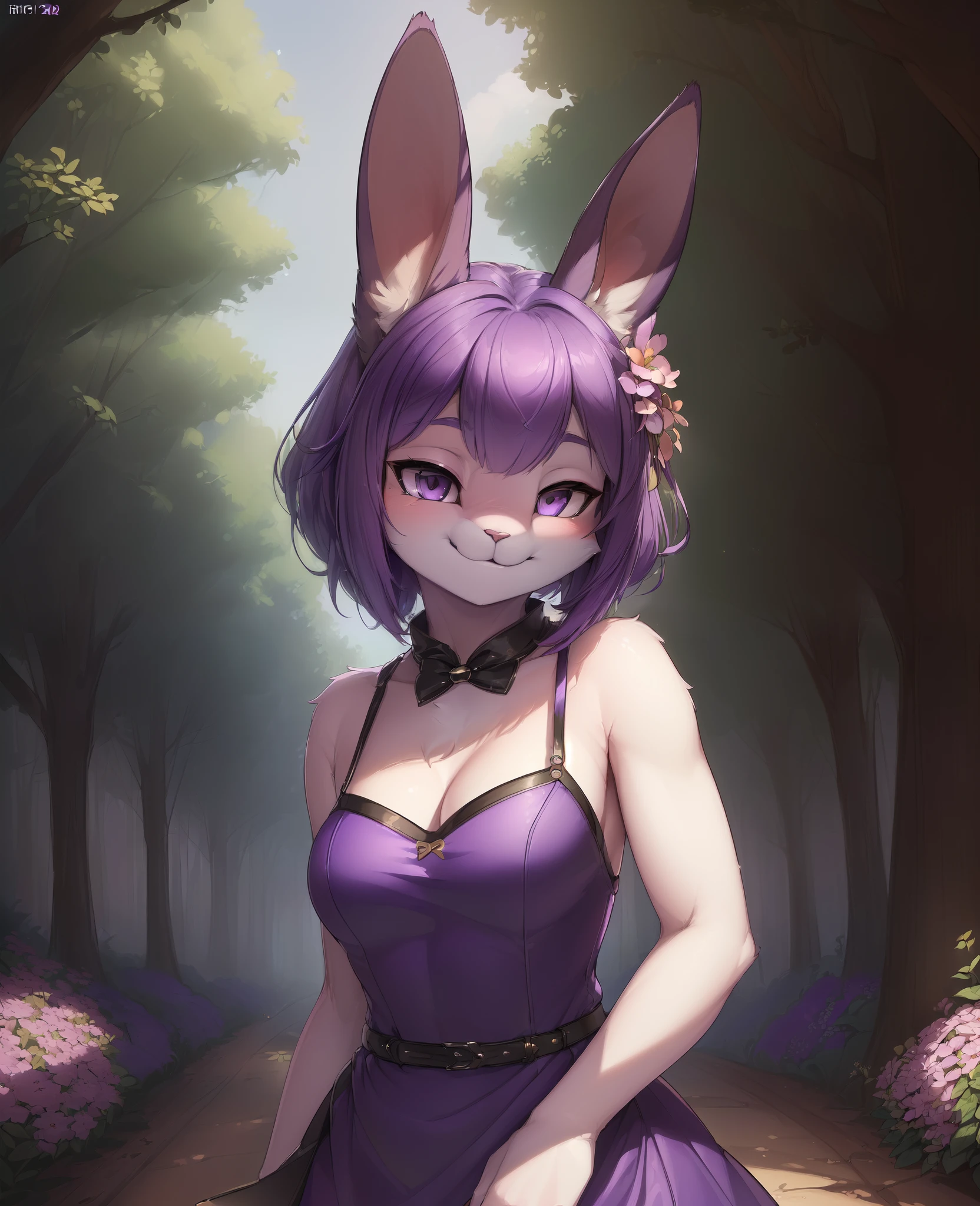 (best quality, highest quality, inticate, highres, 8k, anthropomorphic, furry, uploaded_on_e621:1.4), cute rabbit furry girl,furry female,rabbit ears,purple hair, purple dress,sleeveless, purple skin,in forest,looking at viewer,smile,closed mouth,flowers,slightly above,