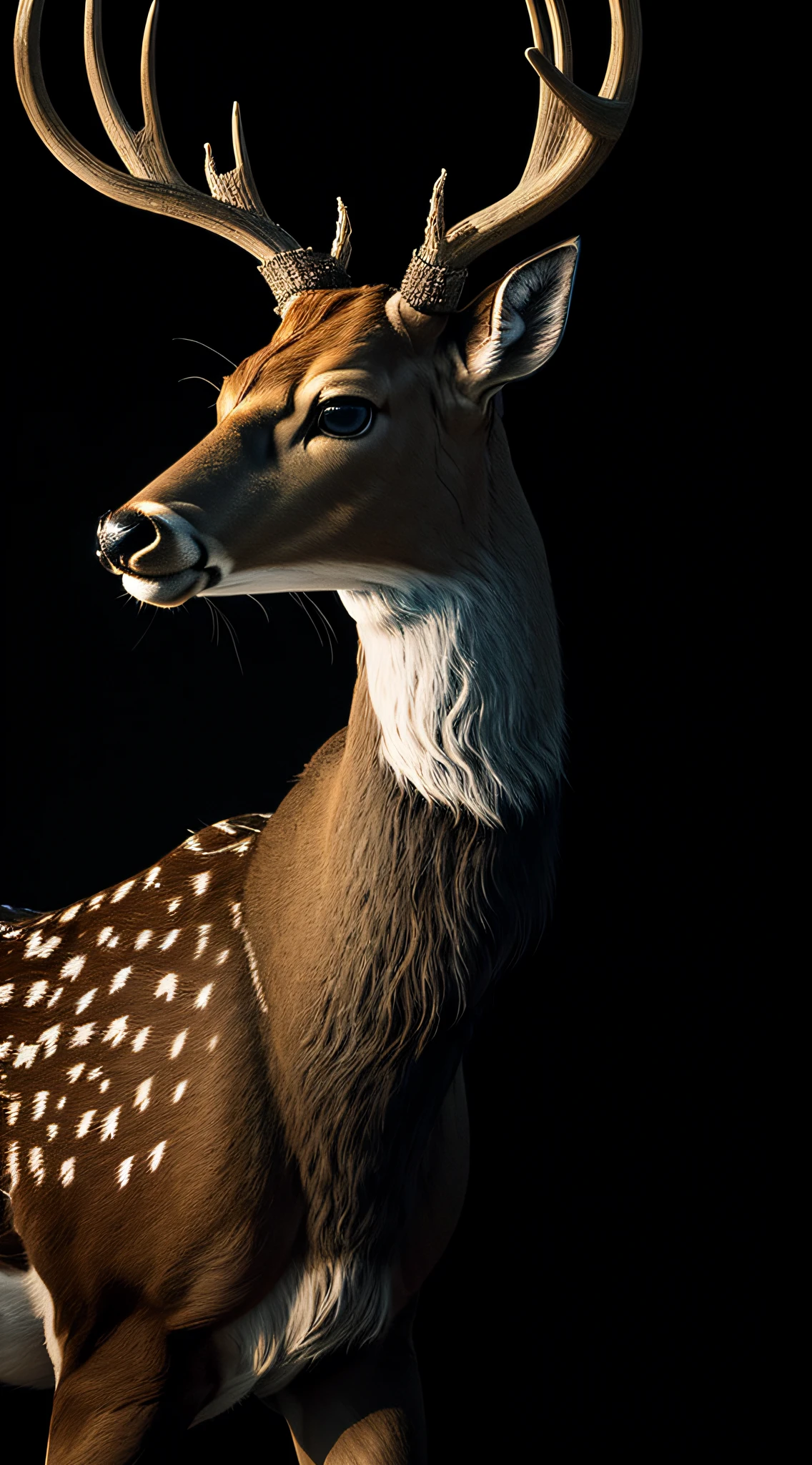 ((1deer)),Spellbinding closeup portrait of wild deer, minimalist, eternal melancholy, in the style of fashion photography, dramatic firefly light, black on black, asymmetric composition, conceptual fantasy, intricate details