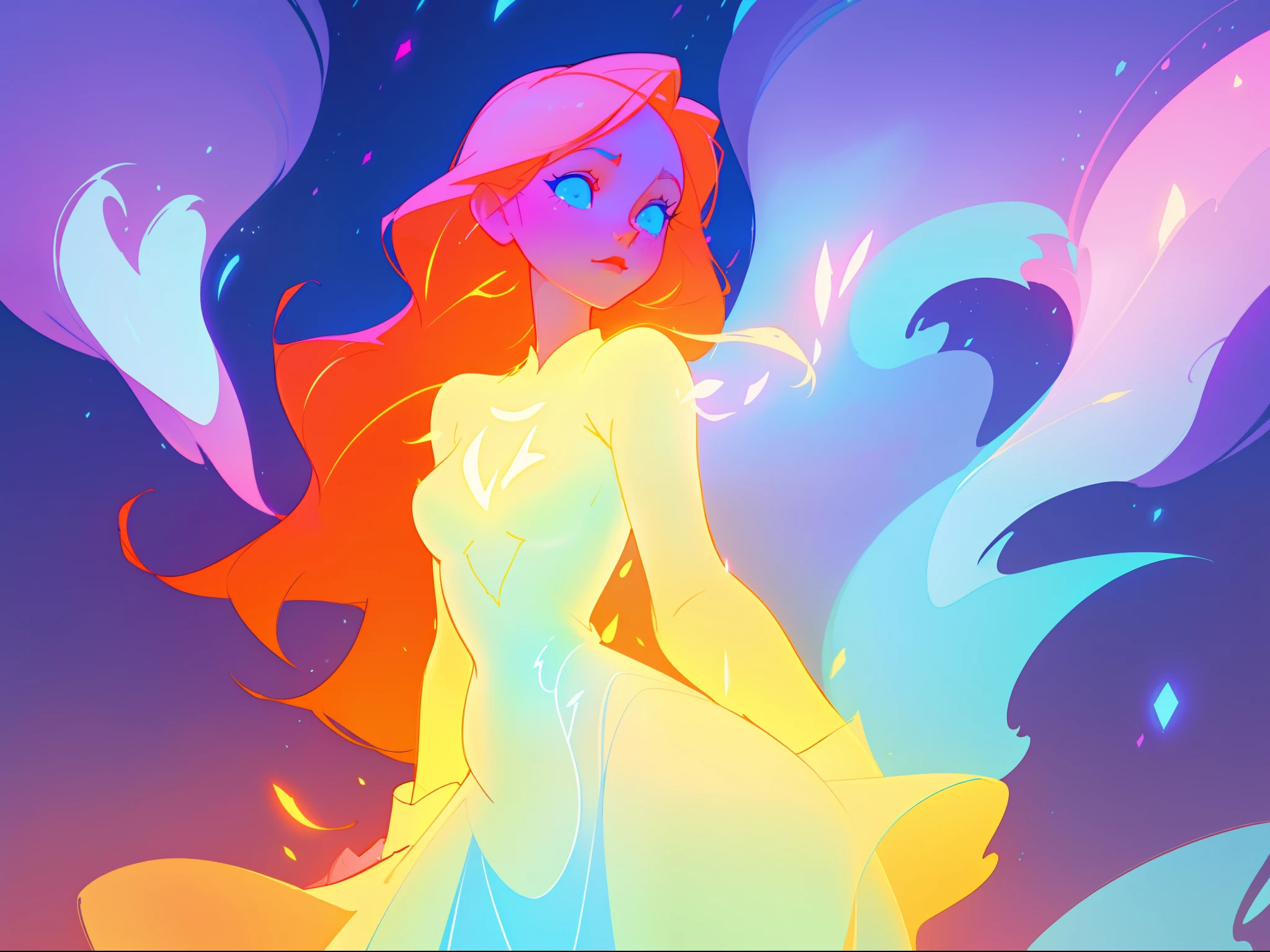 there is a girl in a dress that is standing in the snow, inspired by Glen Keane, inspired by Lois van Baarle, disney art style, by Lois van Baarle, glowing aura around her, by Glen Keane, jen bartel, glowing lights! digital painting, flowing glowing hair, glowing flowing hair, beautiful digital illustration