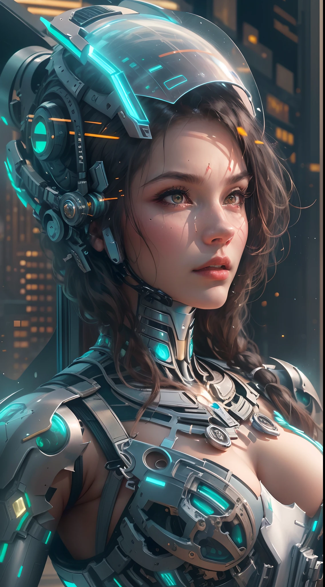 Future mechanical girl,Sparkling metal,Sparkling robot action,Ethereal,Futuristic technology,Advanced artificial intelligence,Neon flashing cityscape,Metal exoskeleton,Highly detailed facial features,glowing light eyes,Carefully crafted synthetic skin,Luxurious futuristic fashion,Hover above the ground,Explore the cityscape,Futuristic technology,Exquisite craftsmanship,Metal limbs，Complex design,Seamless integration of man and machine,Surreal,Otherworldly atmosphere,Utopian cityscape in the background,Advanced weapons integrated into her body,Exudes a soft, energetic glow,Expressive and captivating gaze,Superhuman strength and agility,Pose with confidence and strength,High-resolution portraits with vibrant colors and intricate details,Breathtaking,Awesome artwork. (Best quality,4K,8K,A high resolution,Masterpiece:1.2),Ultra-detailed,(Realistic,Photorealistic,photo-realistic:1.37),hdr,hyper HD,Studio lighting,Ultra-fine painting,Sharp focus,Physically-based rendering,Extreme detail description,professional,Vivid colors,Bokeh,sportrait,Concept artist