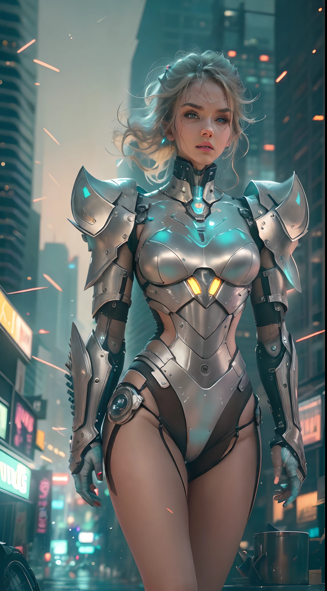 Future mechanical girl,Sparkling metal,Sparkling robot action,Ethereal,Futuristic technology,Advanced artificial intelligence,Neon flashing cityscape,Metal exoskeleton,Highly detailed facial features,glowing light eyes,Carefully crafted synthetic skin,Luxurious futuristic fashion,Hover above the ground,Explore the cityscape,Futuristic technology,Exquisite craftsmanship,Metal limbs,Complex design,Seamless integration of man and machine,Surreal,Otherworldly atmosphere,Utopian cityscape in the background,Advanced weapons integrated into her body,Exudes a soft, energetic glow,Expressive and captivating gaze,Superhuman strength and agility,Pose with confidence and strength,High-resolution portraits with vibrant colors and intricate details,Breathtaking,Awesome artwork. (Best quality,4K,8K,A high resolution,Masterpiece:1.2),Ultra-detailed,(Realistic,Photorealistic,photo-realistic:1.37),hdr,hyper HD,Studio lighting,Ultra-fine painting,Sharp focus,Physically-based rendering,Extreme detail description,professional,Vivid colors,Bokeh,sportrait,Concept artist