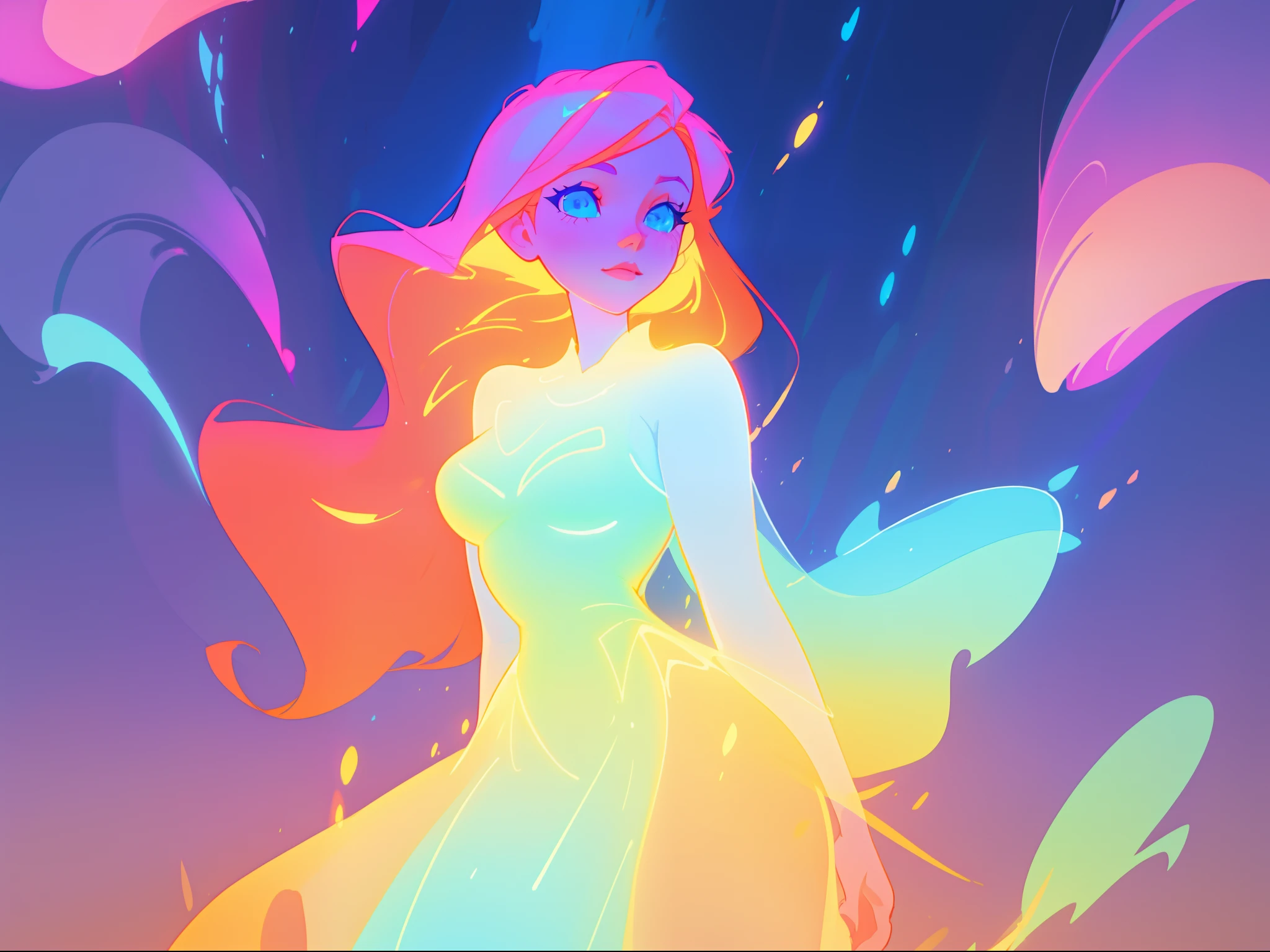 there is a girl in a dress that is standing in the snow, inspired by Glen Keane, inspired by Lois van Baarle, disney art style, by Lois van Baarle, glowing aura around her, by Glen Keane, jen bartel, glowing lights! digital painting, flowing glowing hair, glowing flowing hair, beautiful digital illustration