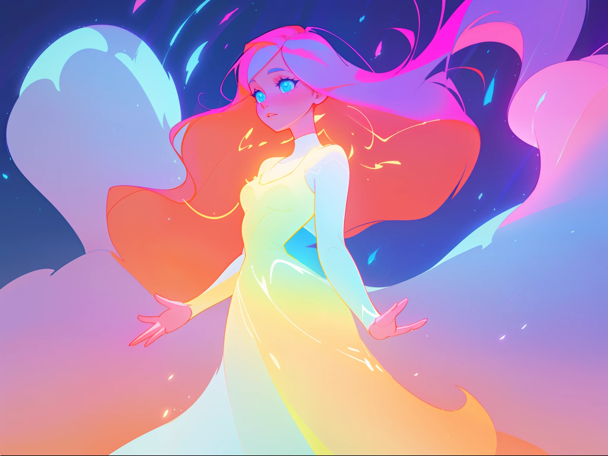 there is a girl in a dress that is standing in the snow, inspired by Glen Keane, inspired by Lois van Baarle, disney art style, by Lois van Baarle, glowing aura around her, by Glen Keane, jen bartel, glowing lights! digital painting, flowing glowing hair, glowing flowing hair, beautiful digital illustration