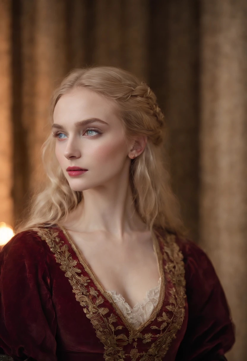 (((a deep reddish wound crosses her left cheek))) light complexion, woman of about 19, natural blonde hair, distinctive blue eyes, dressed in kohl, slender and graceful, beautiful, by candlelight in a medieval setting, ultra sharp focus, realistic shot, gothic female clothing, tetradic colors (scar:1.4)