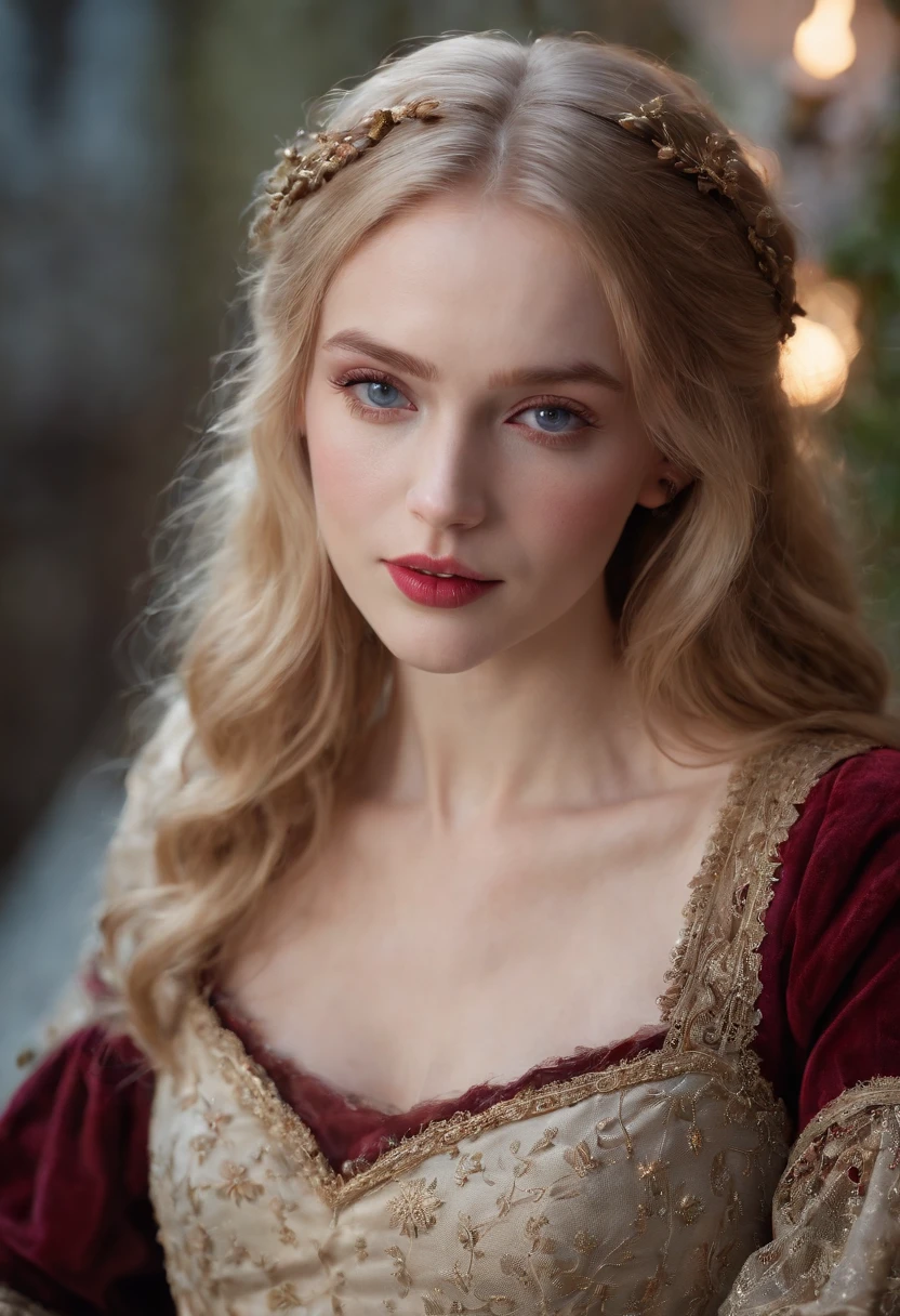 (((a deep reddish wound crosses her left cheek))) light complexion, woman of about 19, natural blonde hair, distinctive blue eyes, dressed in kohl, slender and graceful, beautiful, by candlelight in a medieval setting, ultra sharp focus, realistic shot, gothic female clothing, tetradic colors (scar:1.4)