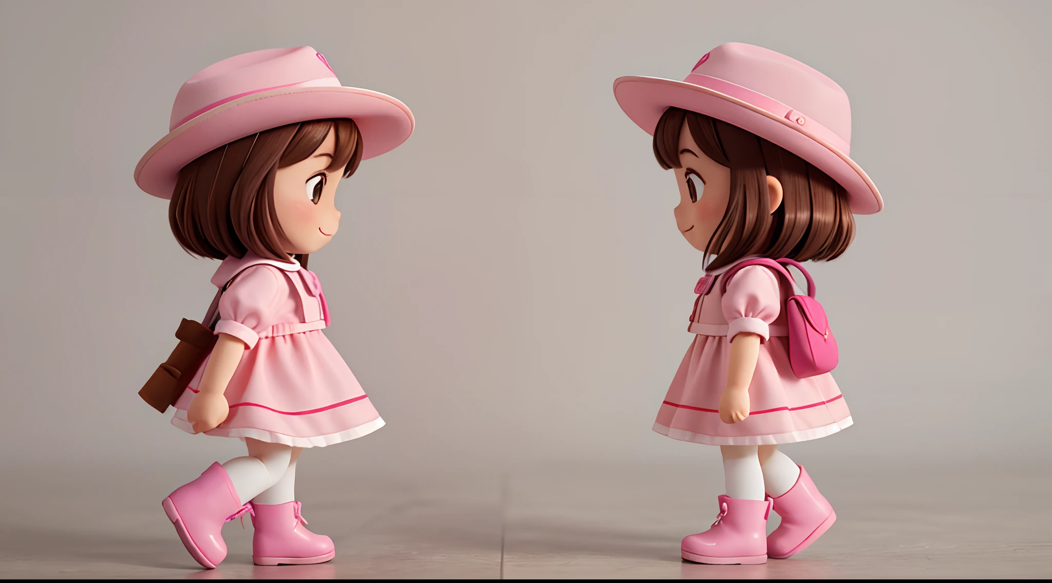 Profile picture of a  girl walking, character animation frames, identical character design in each frame, the girl is alone, happy, brown hair, brown eyes, rosy cheeks, pink cowboy outfit, pink hat, pink boots, vertical image, white background.