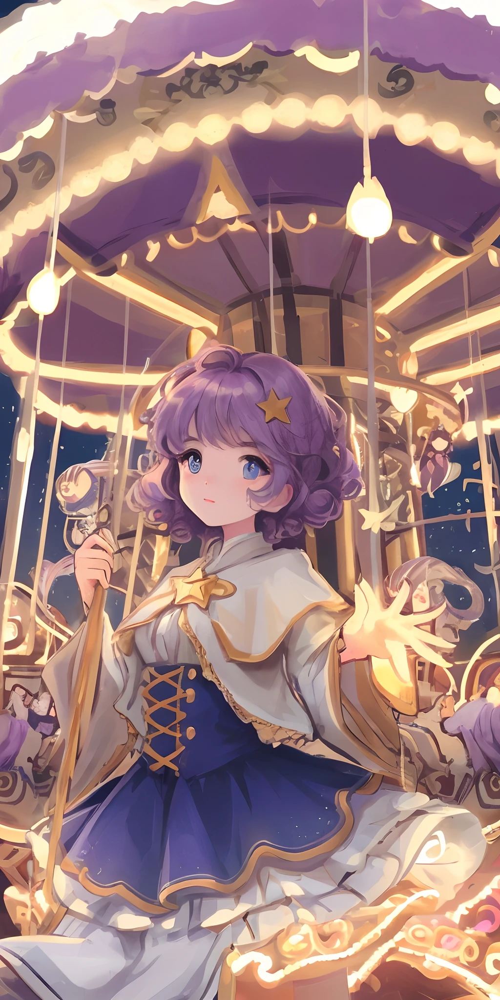 Beautiful cartoon-style illustration Beautiful girl with light purple curly hair and blue hanging eyes and carousel star