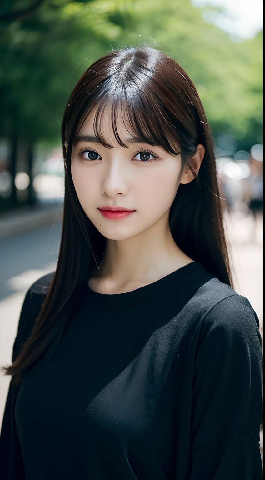 Photoreal, 1 beautiful Japanese woman, straight and long black hair, black eyes, short-sleeved dress