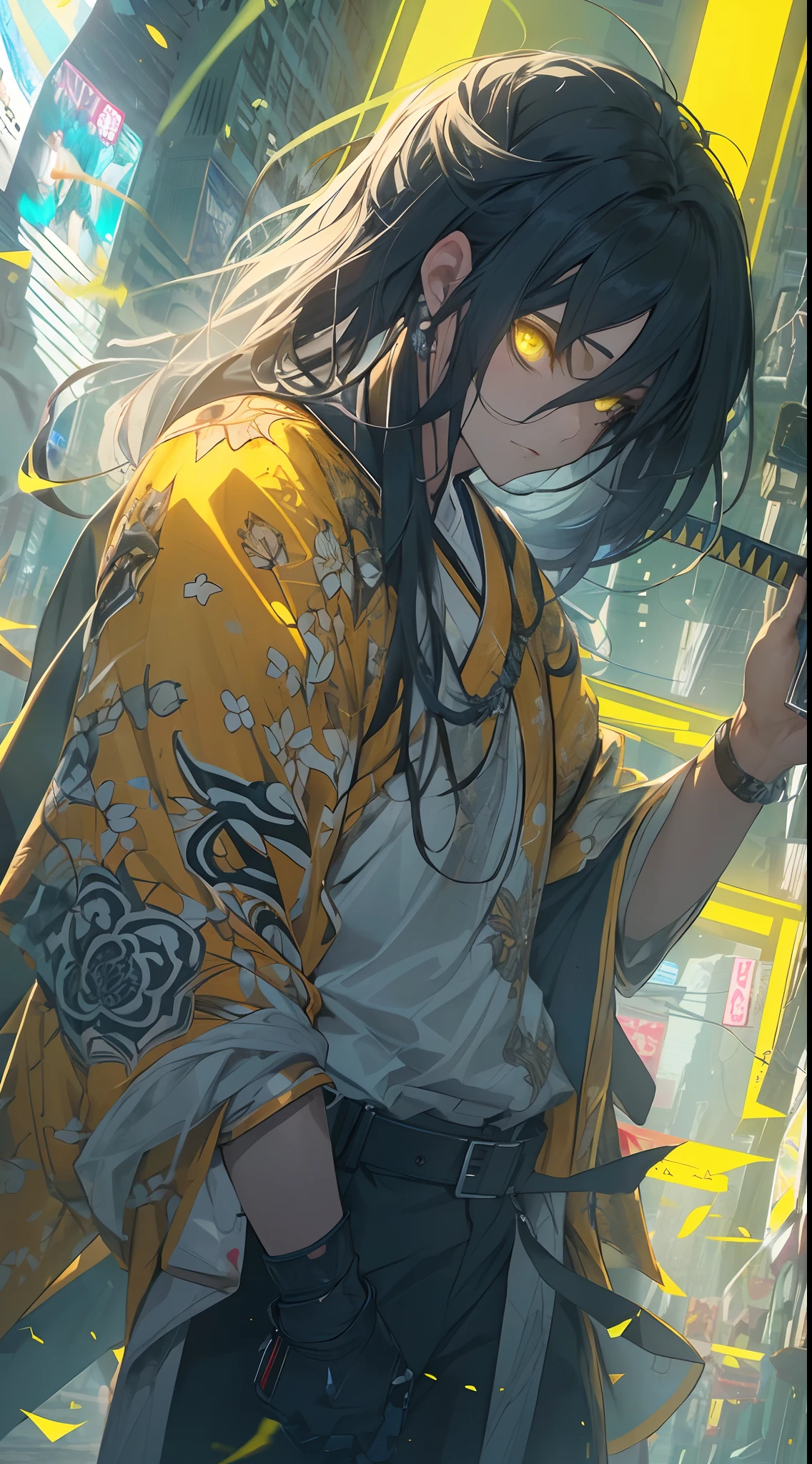 (1 Handsome Man)、muscular male、traditional Chinese clothing、 wearing an eyepatch、(Top image quality)、(8K picture quality)、(cyberpunked)、(masutepiece)、 (Flickering of light)、(carry a sword)、cinematric light, Cinema Shadow, Sharp Image, Extremely detailed, Volumetric, Bright sprites、particles effect, beautiful effects, Vivid colors, neons, Neon light, Highly detailed image textures, detailed hairs, Detailed eyes, city、Dark hair、Eyes glow、(Yellow aura emanating from clothes:1.5)、Photo from the knee up、