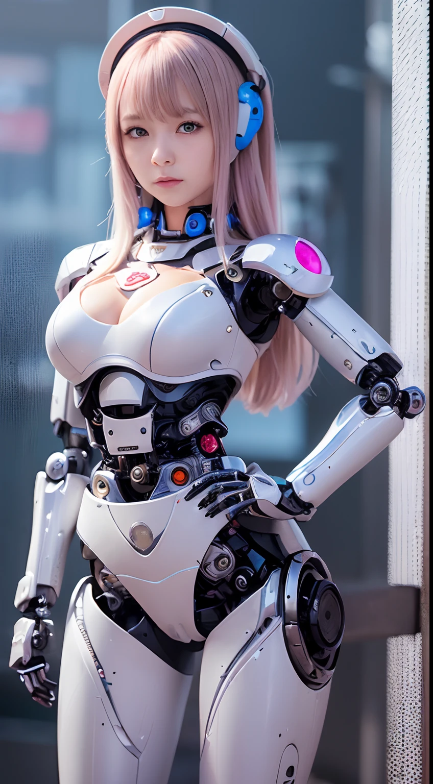 (Photorealsitic:1.4)、Onegirl、(top-quality),(hyperdetailed face)、(Super well-formed face)、((Robot Parts))、(Cyborg girl)、(metalic)、(fullllbody)、(sexy  pose)、(Slender body)、(Model body type)、(full body mech)、(akihabara)、(is looking at the camera)、(A dark-haired)、(９Head and body)、(a small face)、(Idol)、(front facing)、(Standing with legs open)、(Hands on hips)、(Photo session)、(Looks sad)、(Cyborg girl in pale pink satin dress)、(Golden button)、(sleeve less)、(a miniskirt)