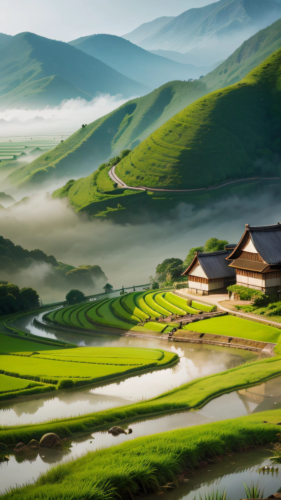 Large expanses of terraced fields, mountains, huts, with rice fields, rice fields, neat rice seedlings in the fields, misty rain, villages, agriculture, in the tranquil landscape, misty weather, in the vast tranquil landscape, in the early morning, in the morning mist, behind a small village, mist, Japanese countryside, thatched roofs --auto --v 6