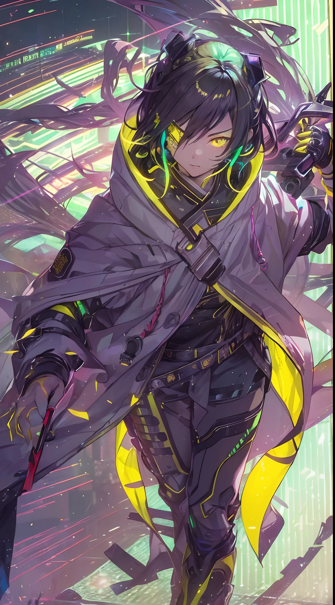 (1 Handsome Man)、Toned body、muscular male、traditional Chinese clothing、 wearing an eyepatch、(Top image quality)、(8K picture quality)、(cyberpunked)、(masutepiece)、 (Flickering of light)、(carry a sword)、cinematric light, Cinema Shadow, Sharp Image, Extremely detailed, Volumetric, Bright sprites、particles effect, beautiful effects, Vivid colors, neons, Neon light, Highly detailed image textures, detailed hairs, Detailed eyes,  city、Dark hair、Eyes glow、(Yellow aura emanating from clothes:1.5)、Photo from the knee up、