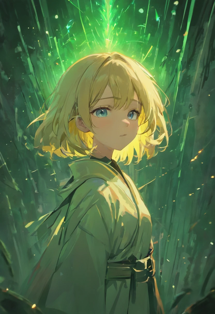 (Best Quality: 1.3, Masterpiece: 1.3), Ultra HD, (1girl, solo), atmospheric perspective, detailed face, upper body, makeup, kimono, shiny skin, (blonde hair), long hair, Looking at In front of the audience, (much blushing), blue eyes, nice breasts, slim body, (((((beuatiful laterns background at dark night))) fireflies
