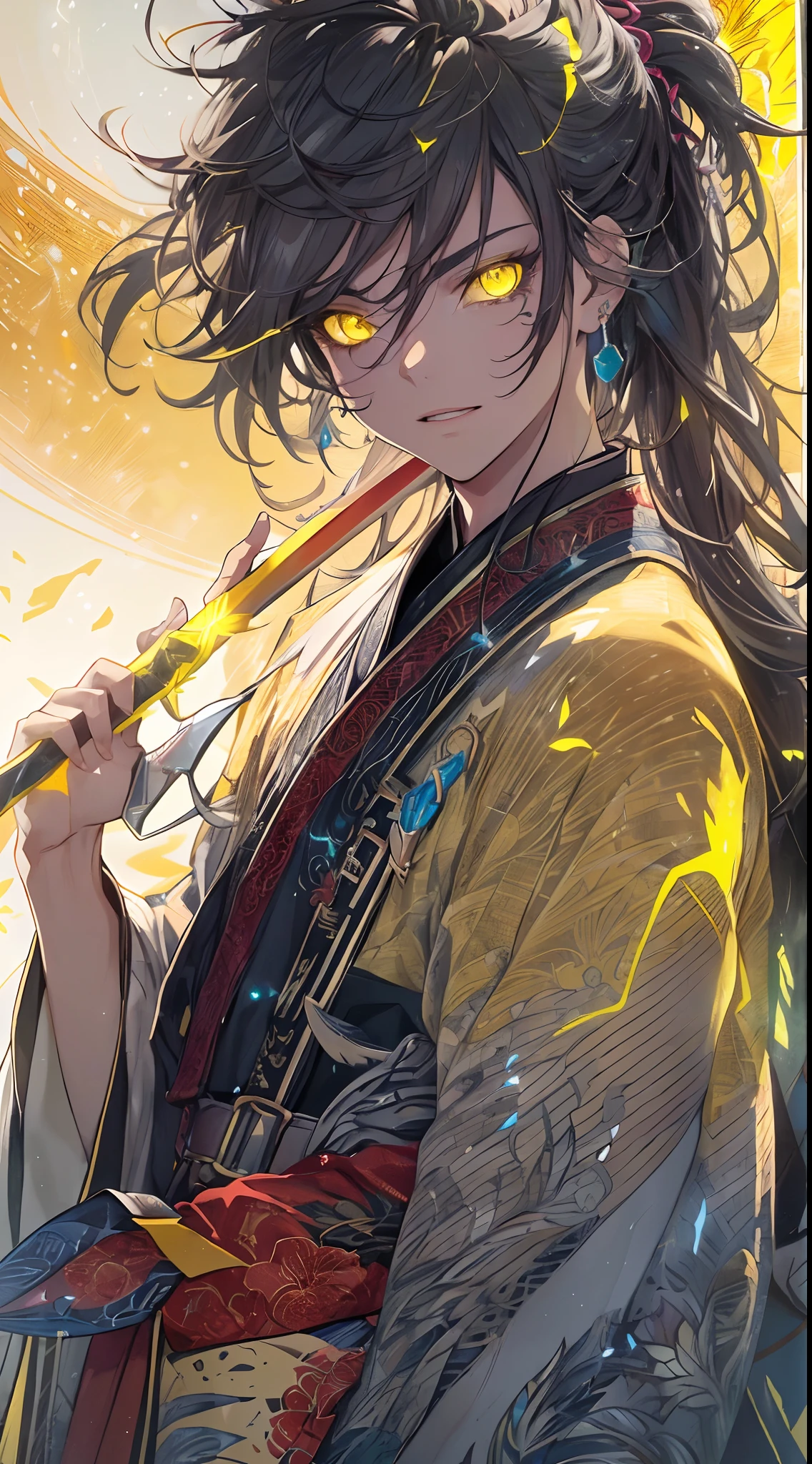 (1 Handsome Man)、Toned body、muscular male、traditional Chinese clothing、 wearing an eyepatch、(Top image quality)、(8K picture quality)、(cyberpunked)、(masutepiece)、 (Flickering of light)、(carry a sword)、cinematric light, Cinema Shadow, Sharp Image, Extremely detailed, Volumetric, Bright sprites、particles effect, beautiful effects, Vivid colors, neons, Neon light, Highly detailed image textures, detailed hairs, Detailed eyes, city、Dark hair、Eyes glow、(Yellow aura emanating from clothes:1.5)、Photo from the knee up、