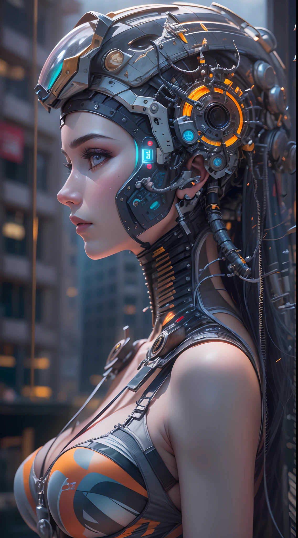 motor irreal:1.4,UHD,La mejor calidad:1.4, fotorrealista:1.4, textura de la piel:1.4, obra maestra:1.8,A mechanical girl of the future,Metal reluciente,Brilliant robotic movements,ethereal,futuristic tech,Inteligencia artificial avanzada,Cityscape illuminated with neon lights,Metal exoskeleton,rasgos faciales altamente detallados,brillantes ojos LED,Meticulously crafted faux leather,Moda futurista extravagante,flotando sobre el suelo,Explorando el paisaje urbano,futuristic tech,Exquisite craftsmanship,Metal limbs with intricate designs,Seamless integration of humans and machines,surrealista,Otherworldly atmosphere,Utopian cityscape in the backdrop,Armamento avanzado integrado en su cuerpo,emitiendo un brillo suave y vibrante,Mirada expresiva y cautivadora,Fuerza sobrehumana y agilidad,Adoptar una postura de confianza y poder,High-resolution portrait with vibrant colors and intricate details,impresionante,Impresionantes obras de arte. (La mejor calidad,4k,8k,Altas Resoluciones,Obra maestra:1.2),Ultra detallado,(realista,fotorrealista,fotorrealista:1.37),HDR,UHD,Studio lighting,Pintura ultrafina,foco nítido,physically based representation,extreme detail description,profesional,vivid colors,Bokeh,Retratos,Artistas conceptuales