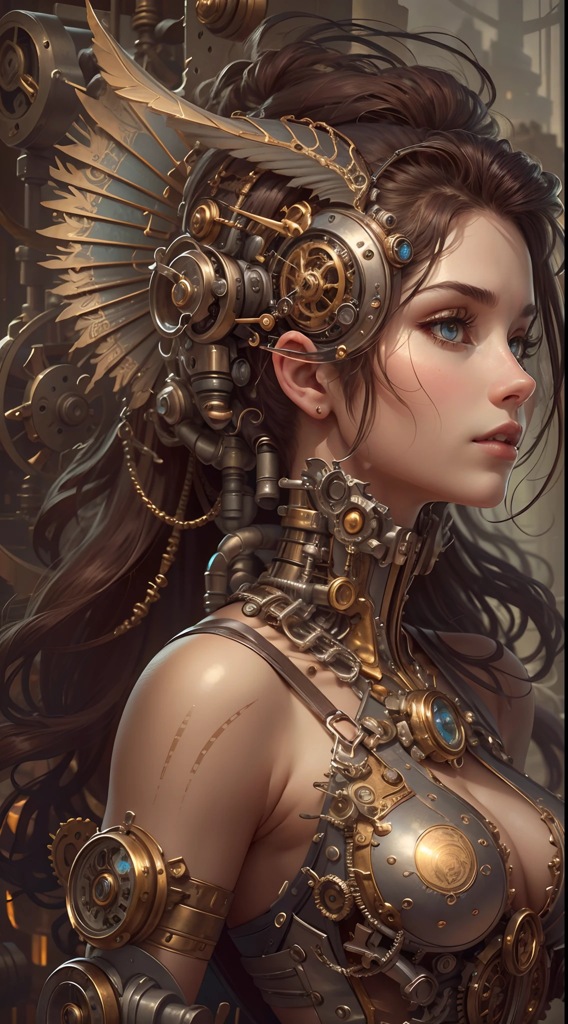 (Best quality,4K,A high resolution,Masterpiece:1.2),Ultra-detailed,(Realistic:1.37) Girl with mechanical parts,steampunk wind,Delicate clockwork details,Brass gears and gears,Beautiful and intricate design,(Mechanical wings),Glowing eyes and glowing tattoos,Gorgeous metal corsets and skirts,Elegant and elegant gesture,Industrial background with smoky atmosphere,Soft warm lighting,Vintage color palette,The human body and mechanical elements are perfectly integrated