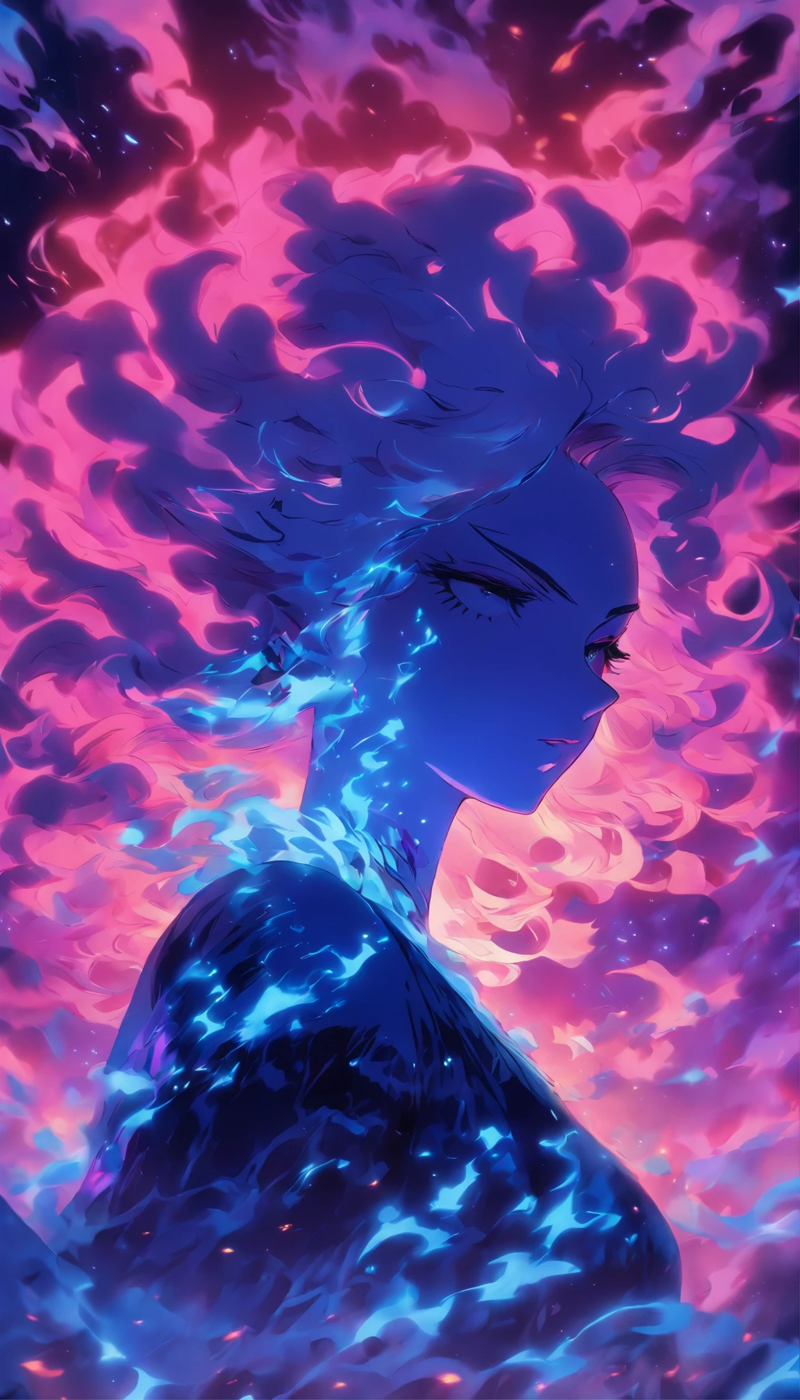 foreshortening,  profundidade de campo, master part, best quality, Describe a 25-year-old woman with white hair and lilac details. She is dressed in a long deep dark purple dress and wears stunning makeup. This woman is known as the Queen of Chaos, and blue flames with black are constantly emanating from his body, criando um ambiente misterioso e sobrenatural ao seu redor