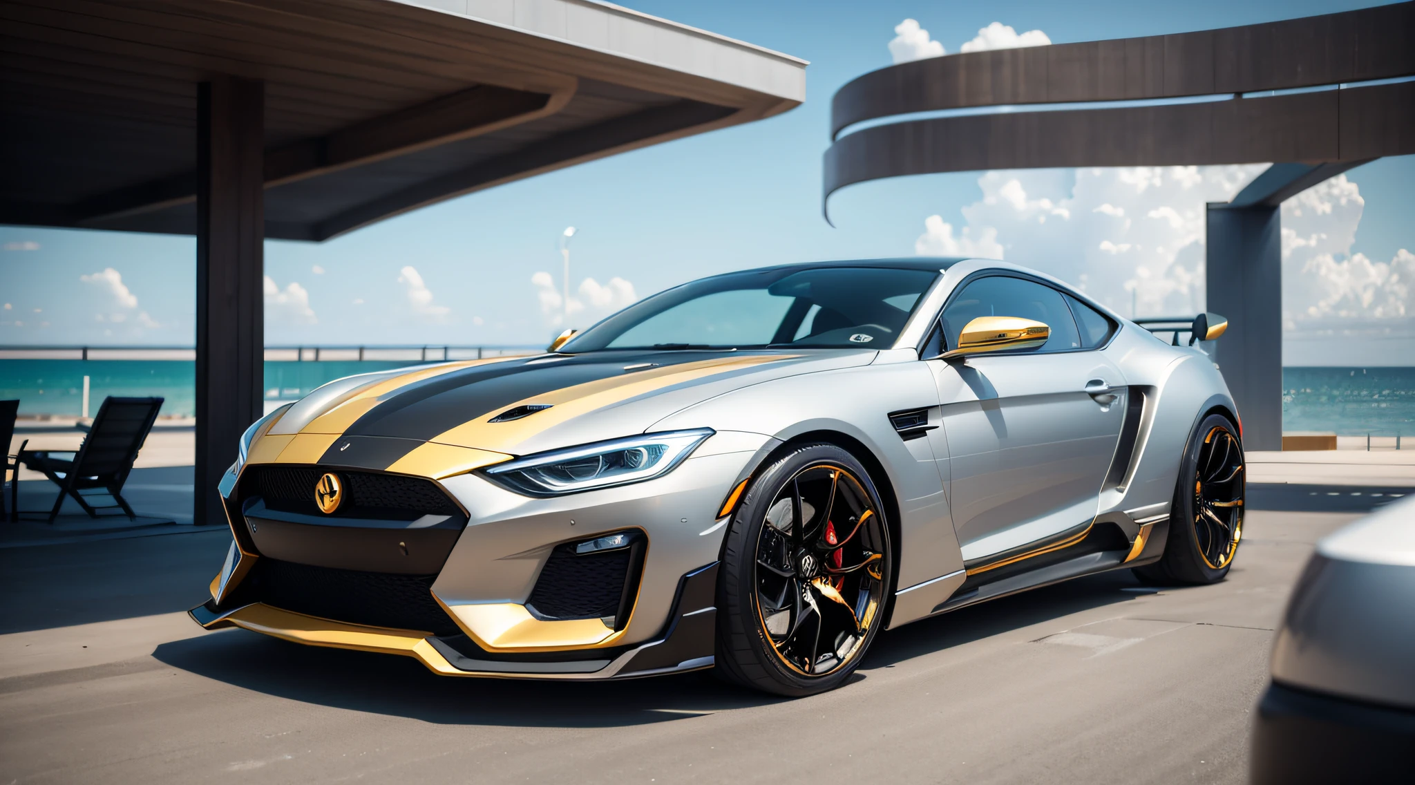 Create futuristic design cars going in the opposite direction with a mansorycar inspired dock with silver metal with gold trim and carbon colored hulls and a gray teak deck with bikini beauties on deck, 5pm