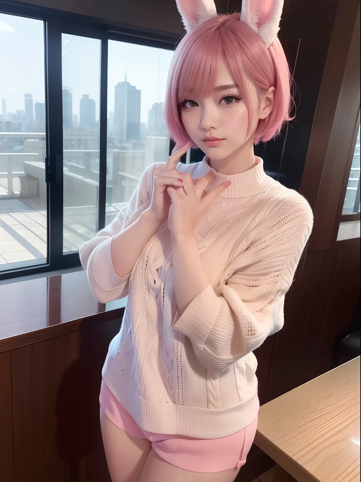 Top floor of the building、Lunch at a restaurant、A city scape、facing back、Beige knitted sweater、shortpants、Pink Shortcut Bob、Realistic rabbit ears、rabbit ears pink hair sticking out of the head,,,,,,,,,,,,,,,,,,,,,,,、Bewitching atmosphere、Beautiful shaped hands、K-POP、Pink rabbit ears、1 girl in、独奏、​masterpiece、top-quality、realisitic、Hyper-detailing、(Glossy skin:1.4)、absurderes、short pink hair、Slender beauties、动态照明、hight resolution、foco nítido、depth of fields、(thick thight:1.0)、A slender :1.2、((Short-cut bob hair))、((k pop:1.3))、Highly detailed facial and skin texture、((魅惑的))、Anatomically correct number of fingers、Correct anatomy、