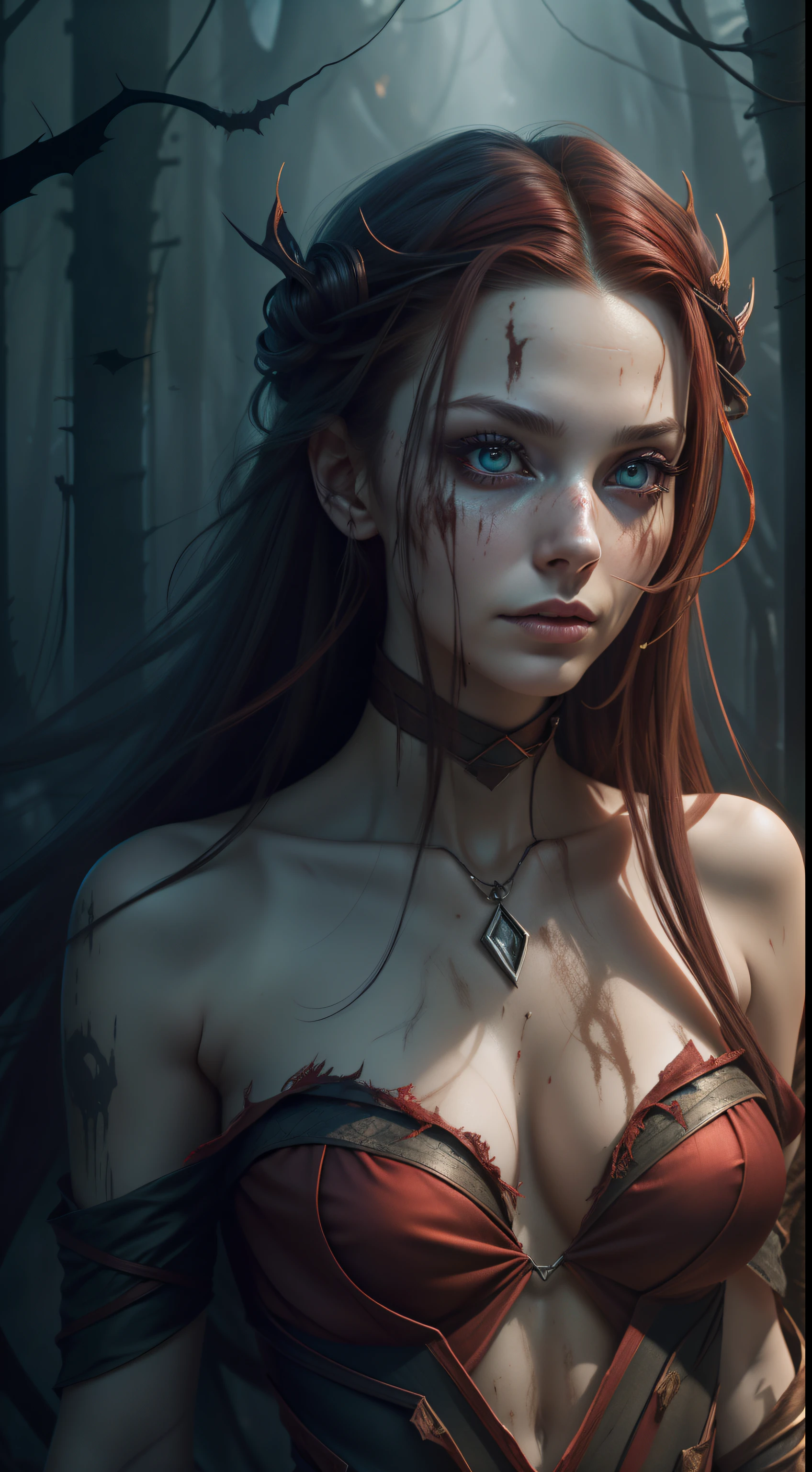 A very pal humanoid character, her name is (The Scarlet Witch), 25 years old, she is crazy, nuts, horror, she is creepy, she is scary, shock value, very evil, she is skinny, evoke, fear, terror, dread, decay, disgust, she is a Psycho, dark, unusually attractive, scraggly, emaciated, twisted, frightening, sick, solo, close up, (messy_long_dark_hair), fog, evil eyes, eyes glowing, luring, (she is wearing a very dirty old torn_red_dress), fall weather, dusk, full body, floating in the air, in a dark forest