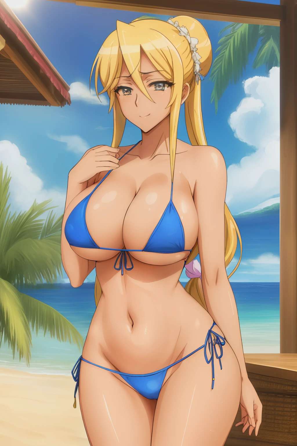 masterpiece, best quality, best aesthetic, ultra detailed, marikawa shizuka, solo, 1girl, (wide hips:1.21551), (large breasts:1.21551), cleavage, shizuka_bikini, (blue bikini, highleg bikini,thong:1.2), (smile, closed mouth:1.2), hand on chest, outdoors, beach, cowboy shot, (tied hair, hair bun 1.2), living room, illustration,