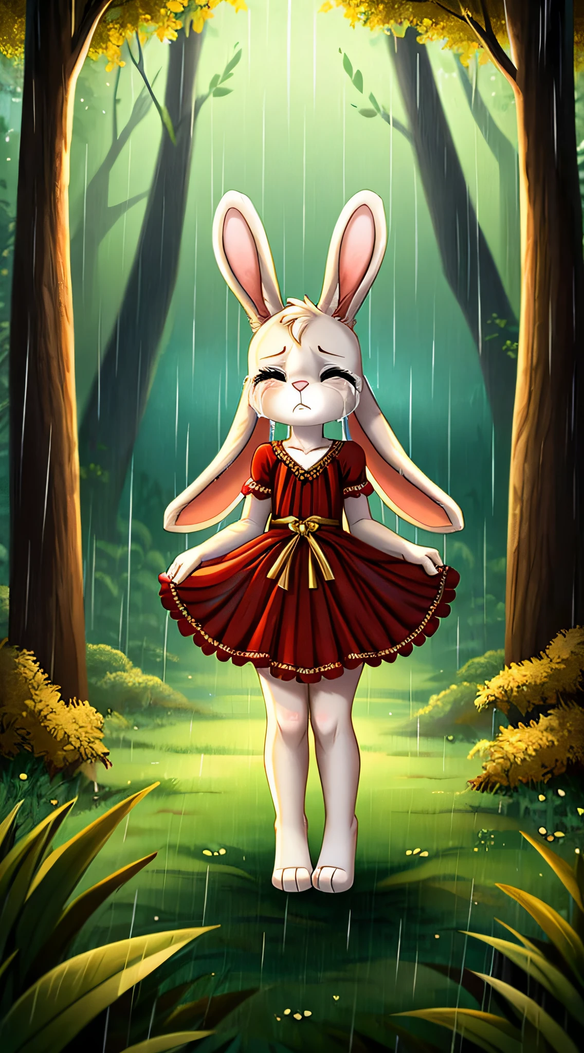 zoomed out image, fantasy style art, cute, adorable, short character, small, tiny little fluffy female white bunny, eyes shut, 4 ears, 2 extra ears, big floppy ears, long ears, ears perked up, raised ears, long eyelashes, poofy rabbit tail, wearing a red frilly ribbon dress, sad, alone, lonely, standing up and bawling in the forest, expressive pose, loud sobbing, tears streaming, mouth open, big frown, crying eyes, lonely, stunning visuals, raining, stormy, blowing trees, flying leaves, blowing plants, digital illustration