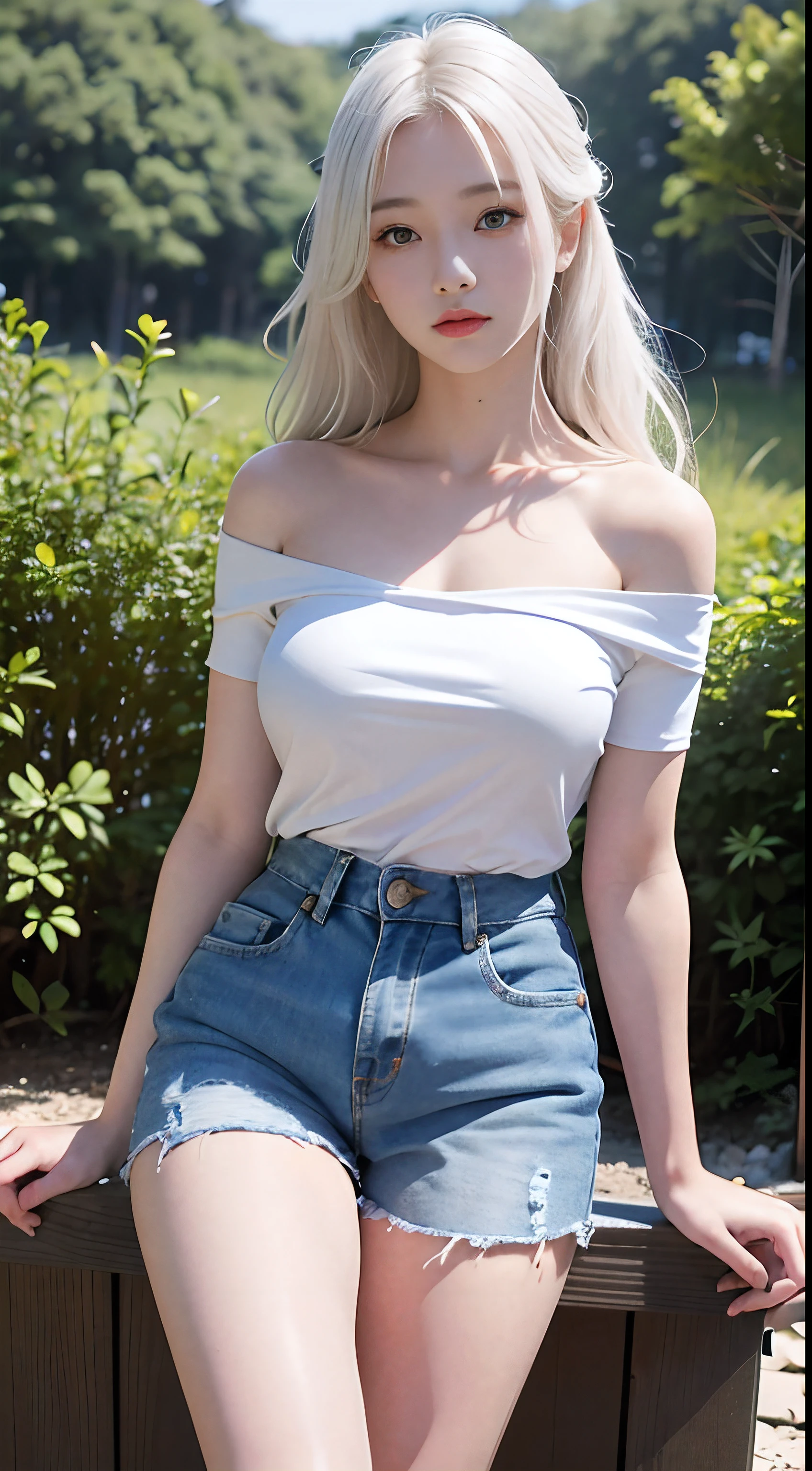 A hot korean girl woman, age 18 year old, 175 cm, blonde, messy bun hairstyle, natural makeup, laughing, thin body shape, thin abs, saggy tits, topless, naked top, top nude, without shirt, just wearing short-waist ripped denim shorts, high heels, full body, front view, standing on the floor, night, at photo studio, professional photo studio, white backdrop photo studio background, upstairs viewpoint with parapet, dynamic light, 8K, masterpiece, ultra detailed, professional studio lighting.