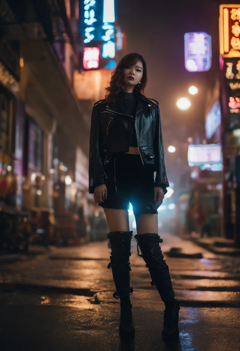 Beautiful Japan girl、Photo of a girl with one full body、 8K.超A high resolution、ultra-detailliert、physically-based renderingt、top-quality、solofocus、Look at viewers。35 mm、film photography、Studio Quality、film grains、 (realisitic、Photorealsitic:1.2)、(high detailed skin:1.4)、(the pose:1.4)、 City Lights、((Neon Cyberpunk City Street:1.3))、(neon light)、Detailed lighting、Black Rim Lighting、Blue Key Light、(Darksynth:1.4)、 beautiful finely detailed eyes、Brown hair、thigh highs、(Black leather jacket:1.3)、(underpants:1.3)、(steam wave:1.2)、Face Shield